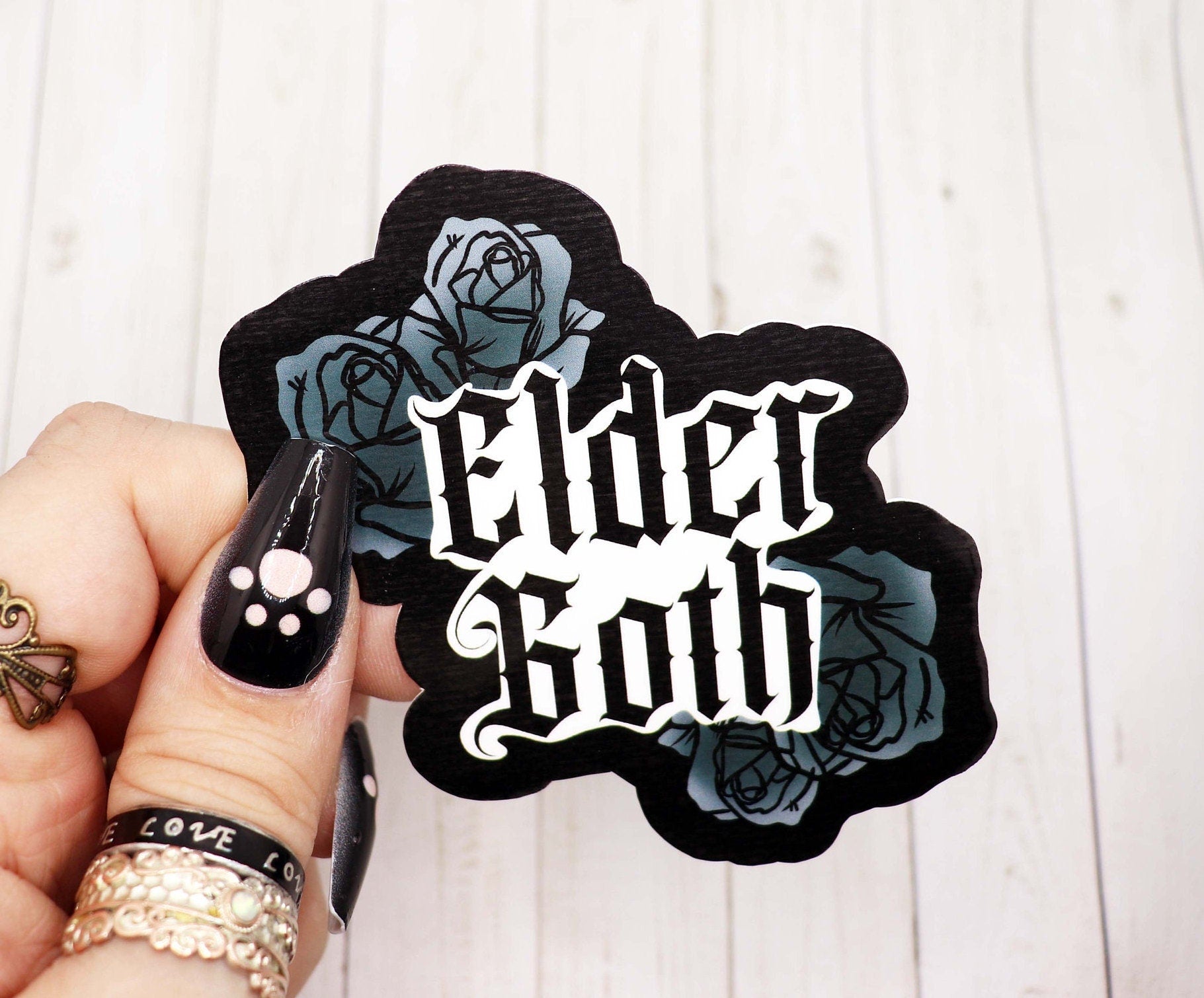 Elder Goth Vinyl Sticker featuring intricate gothic design on matte finish, measuring 2.7 inches wide.