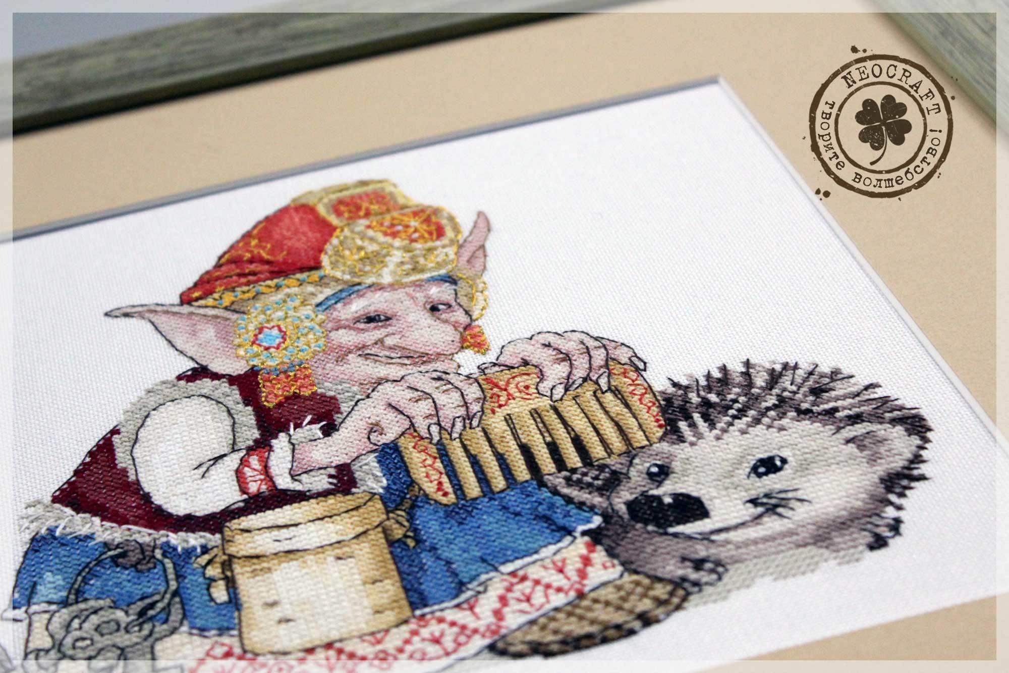 Elf with Hedgehog SP-04 Counted Cross-Stitch Kit featuring vibrant threads and quality Zweigart fabrics.