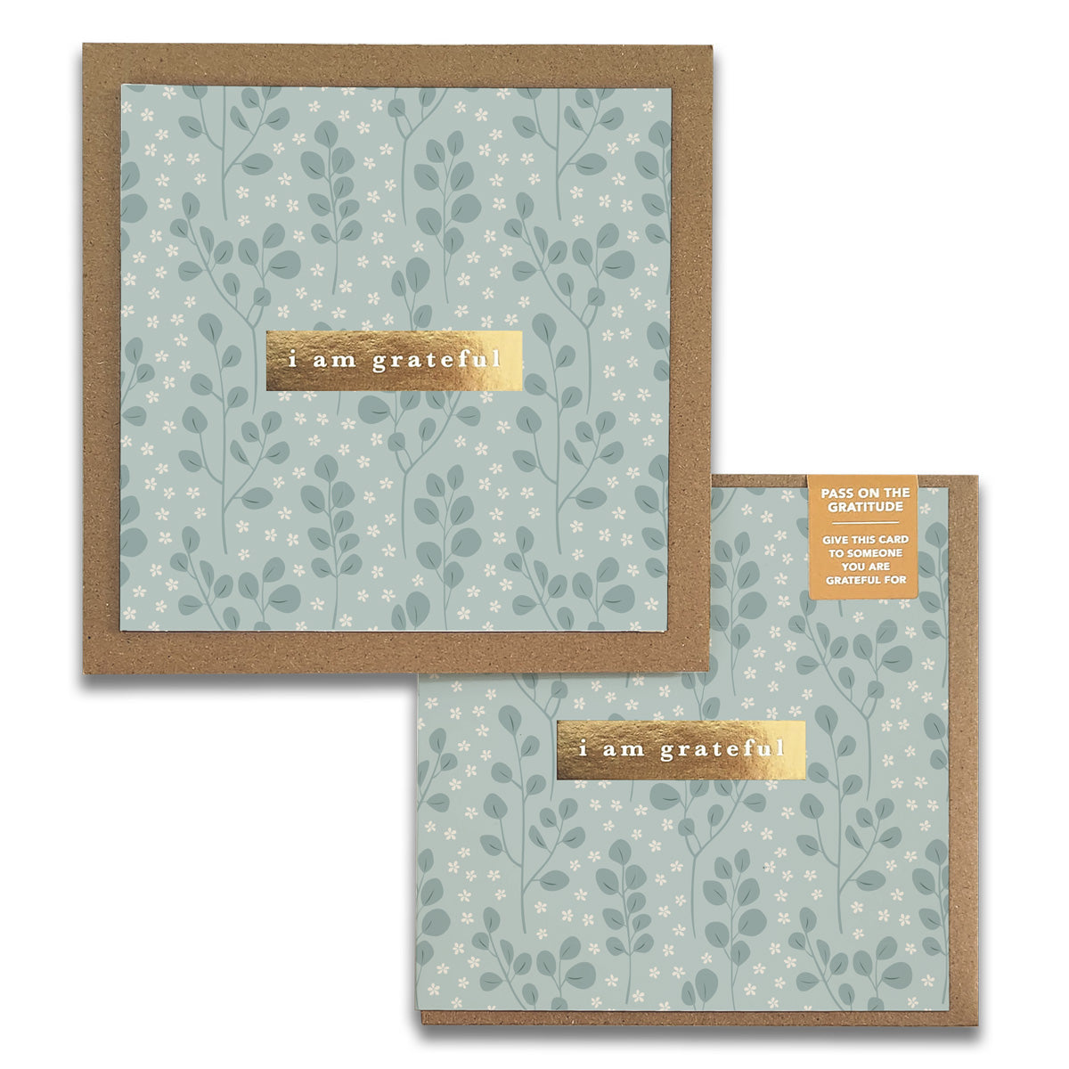 Eucalyptus Gratitude Greeting Cards featuring gold foil stamping and kraft envelopes, elegantly designed for expressing gratitude.