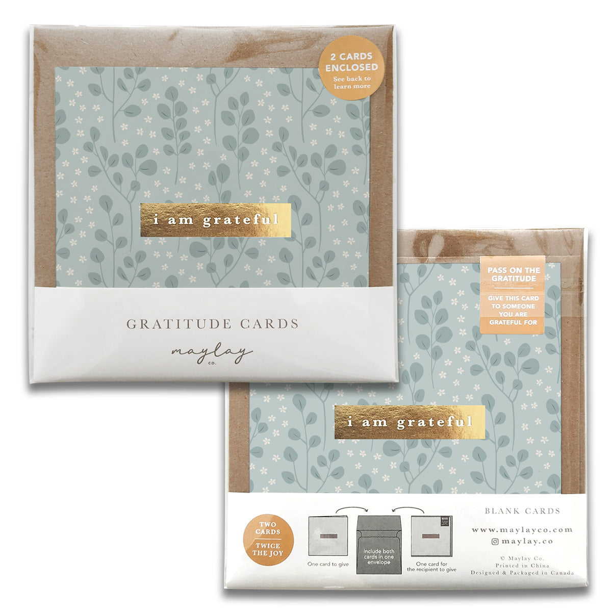 Eucalyptus Gratitude Greeting Cards featuring gold foil stamping and kraft envelopes, elegantly designed for expressing gratitude.