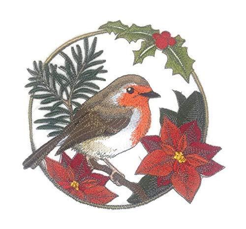 European Robin embroidered patch featuring Christmas blooms, ideal for festive clothing.