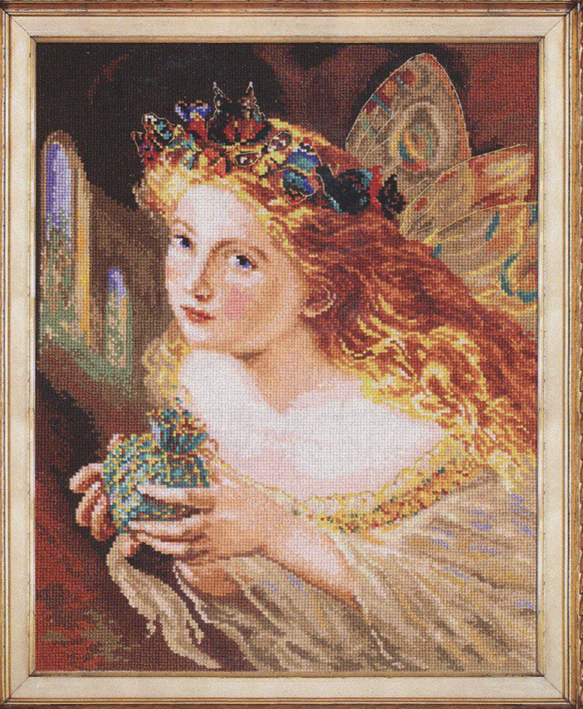 Fairy 4-08 Cross-stitch kit featuring white aida fabric, colorful threads, and an embroidery needle.