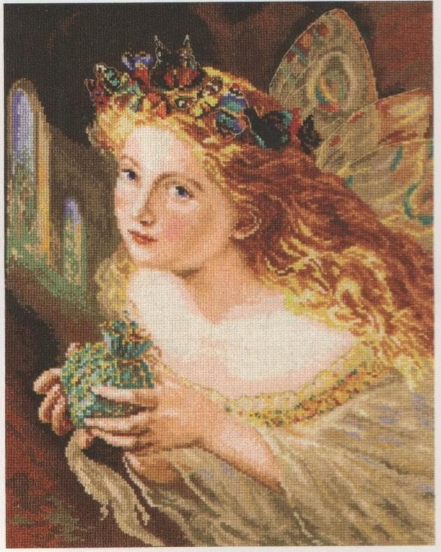 Fairy 4-08 Cross-stitch kit featuring white aida fabric, colorful threads, and an embroidery needle.