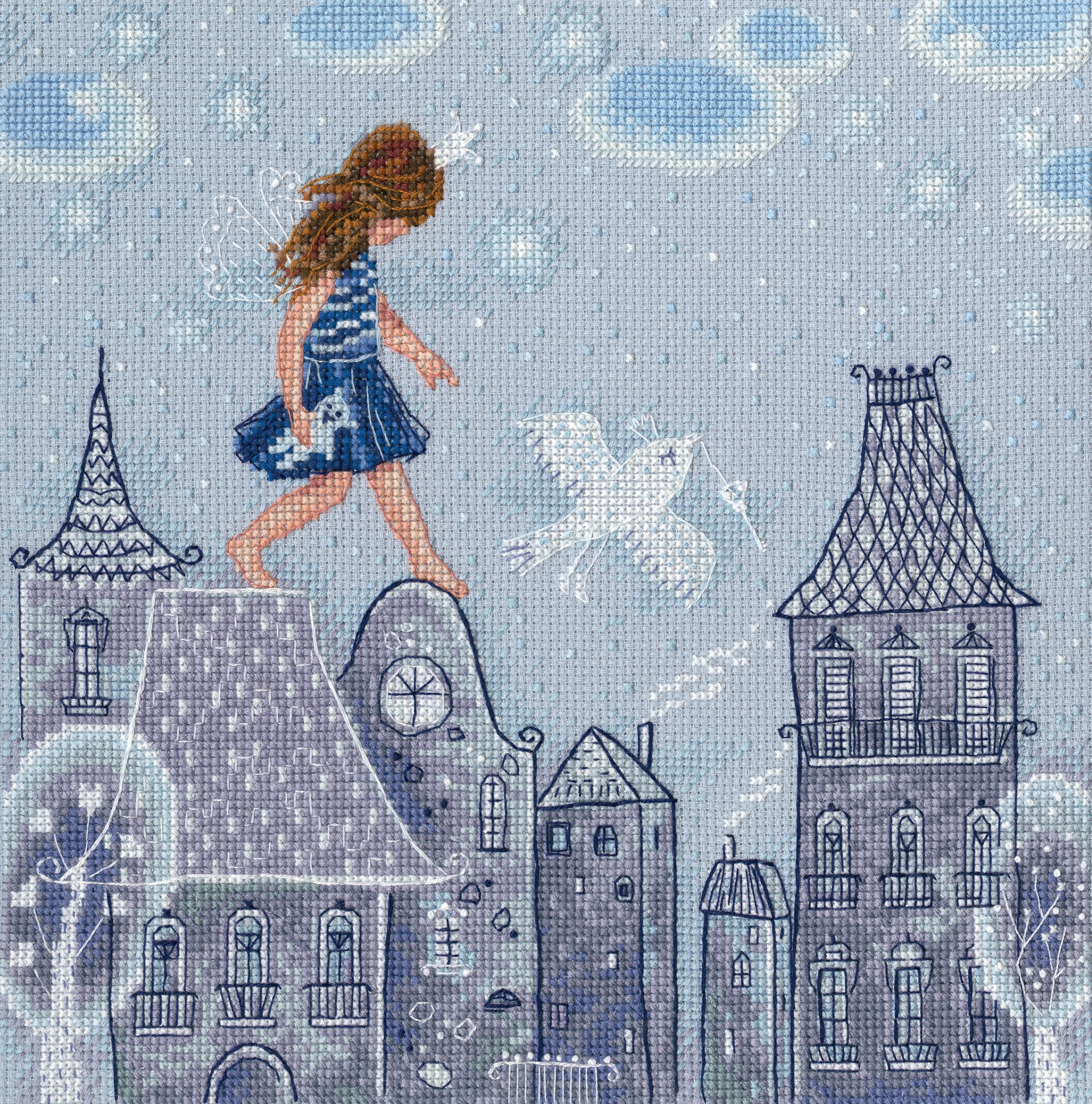 Fairy Tales Live on the Roof M662 Counted Cross Stitch Kit featuring grey Aida 14 canvas, DMC threads, and detailed chart.