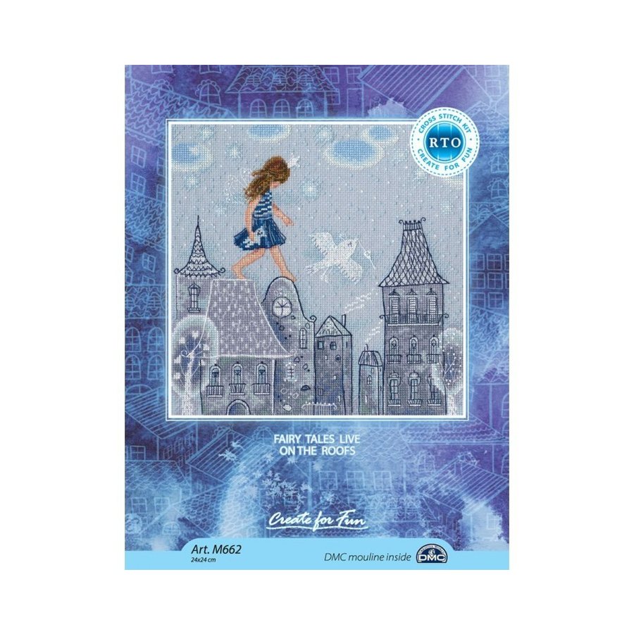 Fairy Tales Live on the Roof M662 Counted Cross Stitch Kit featuring grey Aida 14 canvas, DMC threads, and detailed chart.