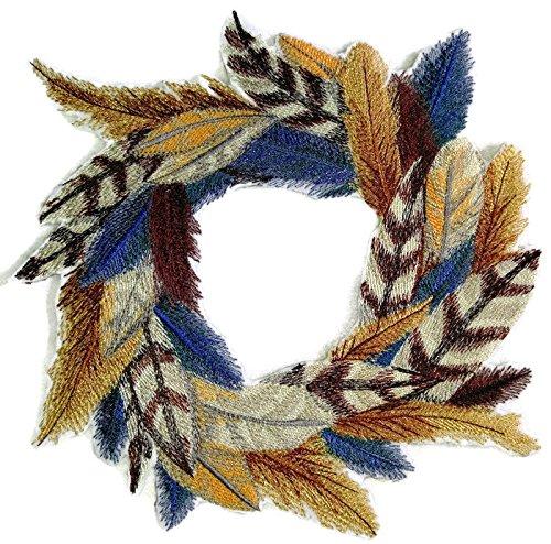 Feathers Wreath embroidered patch on a white background, showcasing intricate feather designs in vibrant colors.