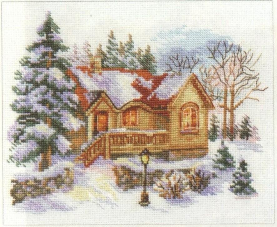 February House 3-22 Cross-stitch kit featuring white Aida fabric, colorful threads, and an embroidery needle.