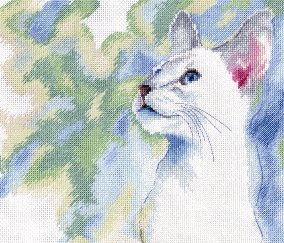 Feline Grace M553 Counted Cross Stitch Kit featuring white Aida fabric, colorful DMC threads, and a detailed chart.