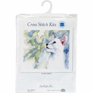 Feline Grace M553 Counted Cross Stitch Kit featuring white Aida fabric, colorful DMC threads, and a detailed chart.