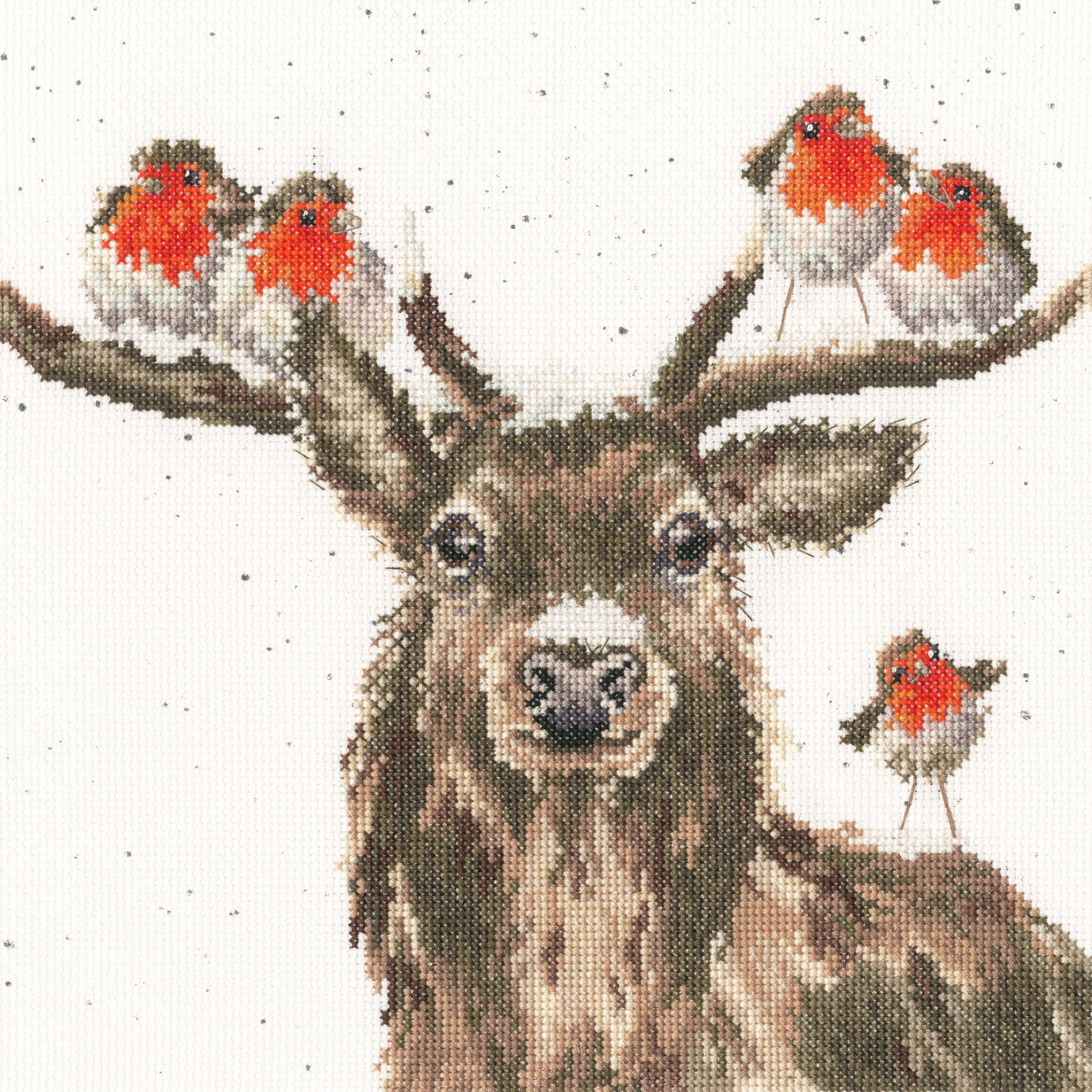 Festive Friends XHD110 Counted Cross Stitch Kit featuring colorful threads, Aida fabric, and stitching tools.