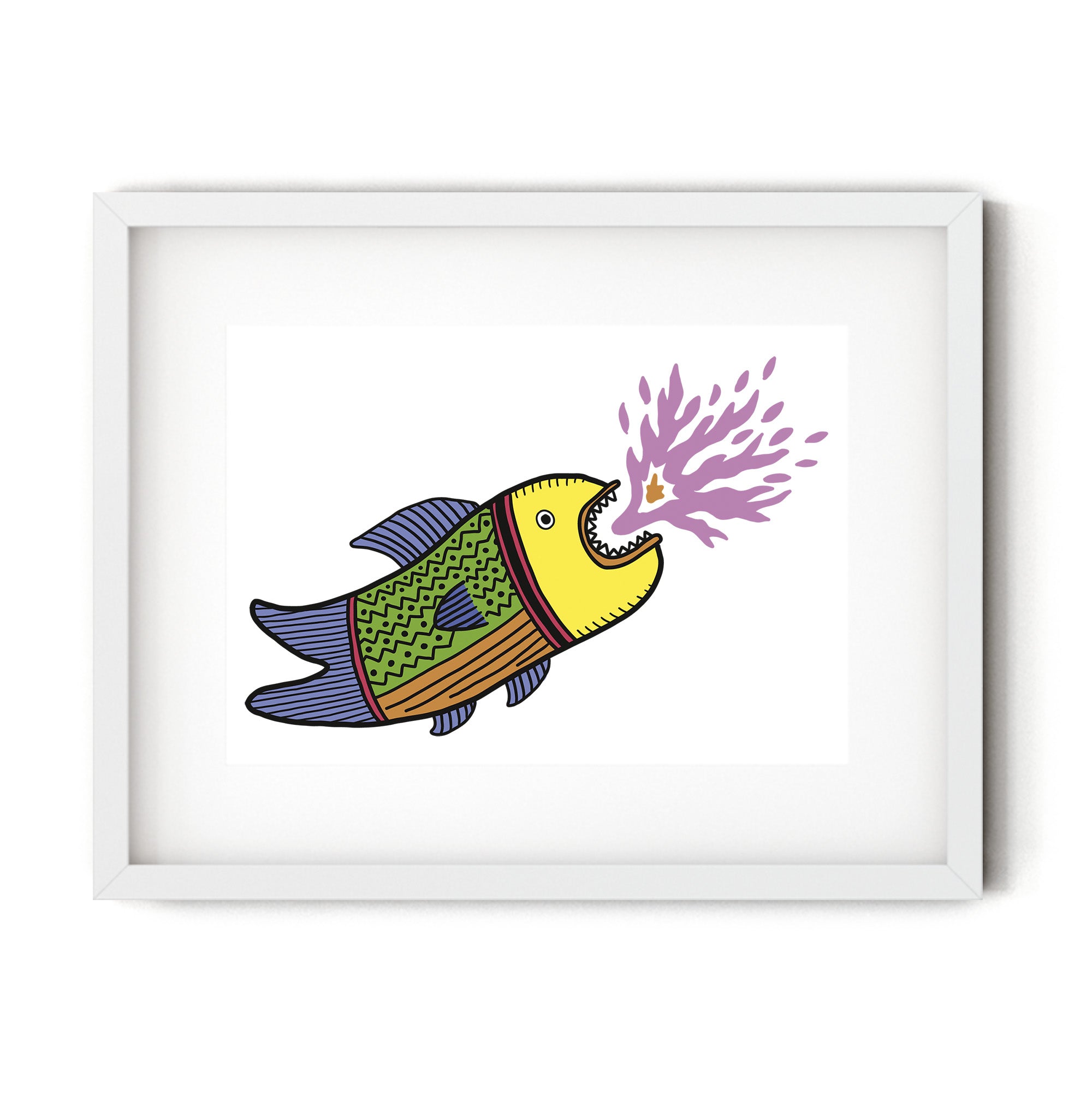 A colorful illustration of a whimsical fire-breathing fish, showcasing vibrant colors and playful design.