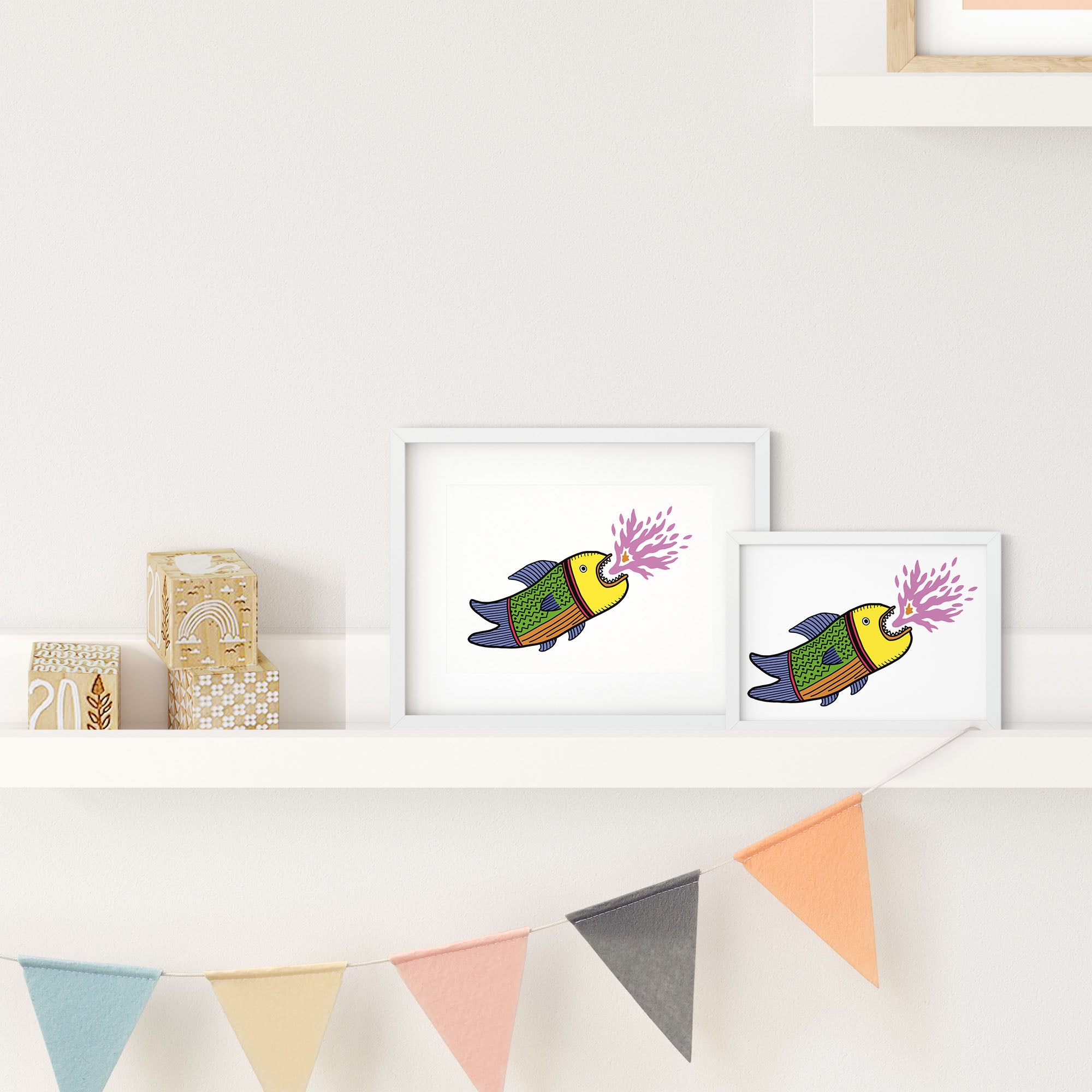 A colorful illustration of a whimsical fire-breathing fish, showcasing vibrant colors and playful design.