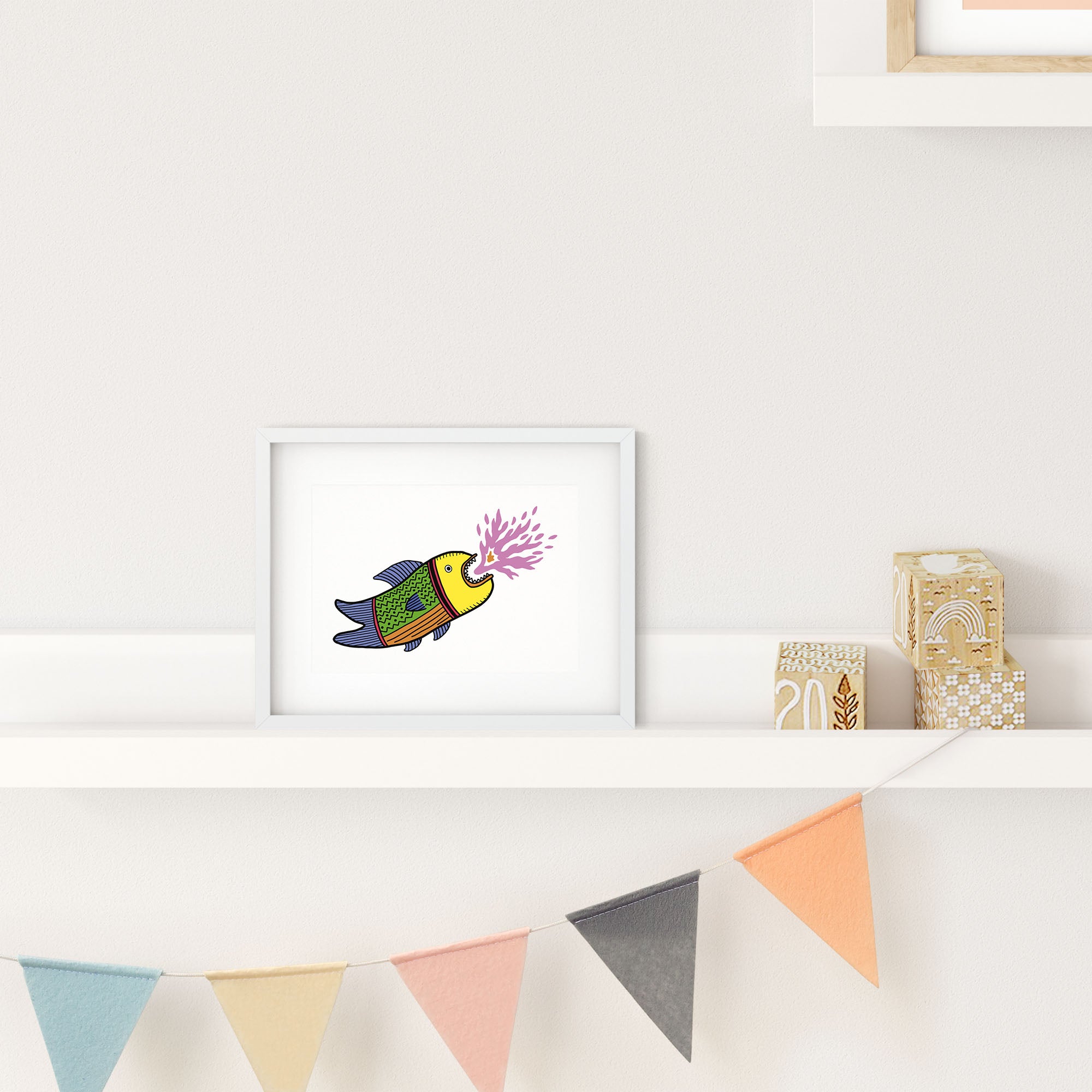 A colorful illustration of a whimsical fire-breathing fish, showcasing vibrant colors and playful design.