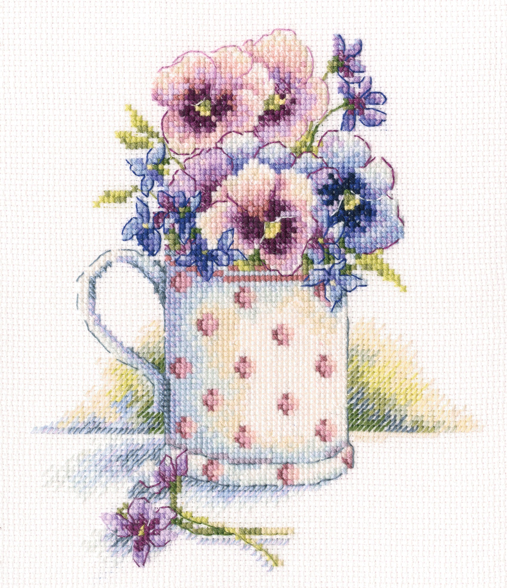 First Violets M632 Counted Cross Stitch Kit featuring Aida canvas, DMC threads, and detailed chart for crafting.