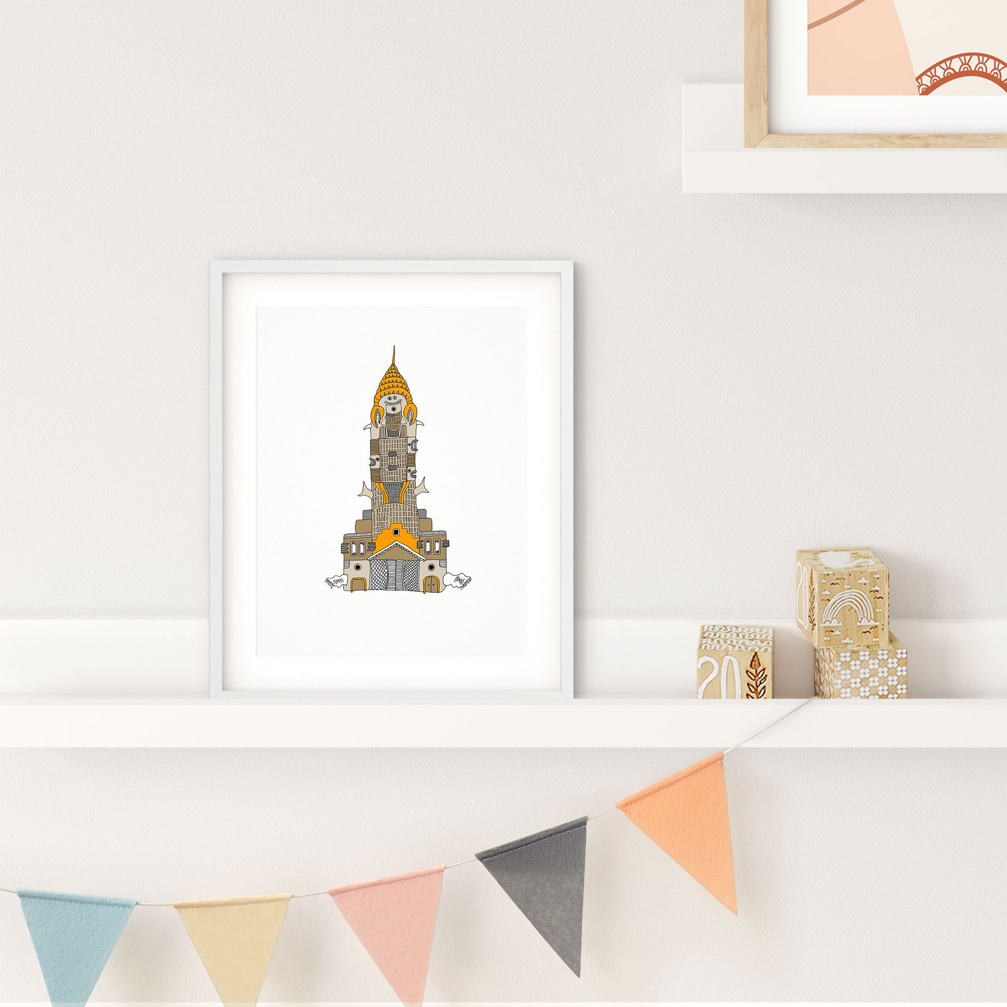 A colorful illustrated print of the Fish Chrysler Building, featuring ocean elements like shells and fins, showcasing a playful design.