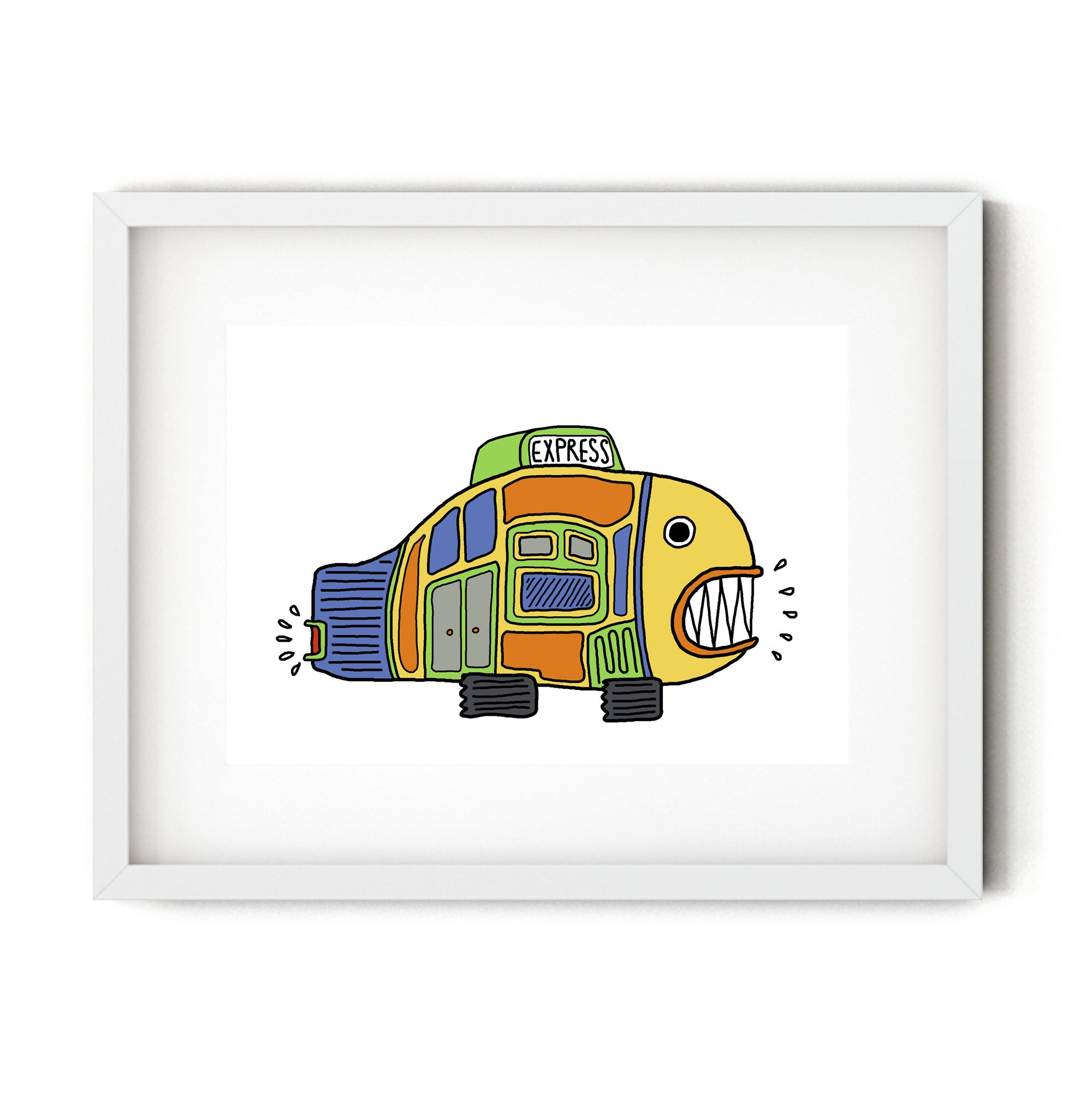 A colorful illustration of a fish designed as an express bus, showcasing playful art style.