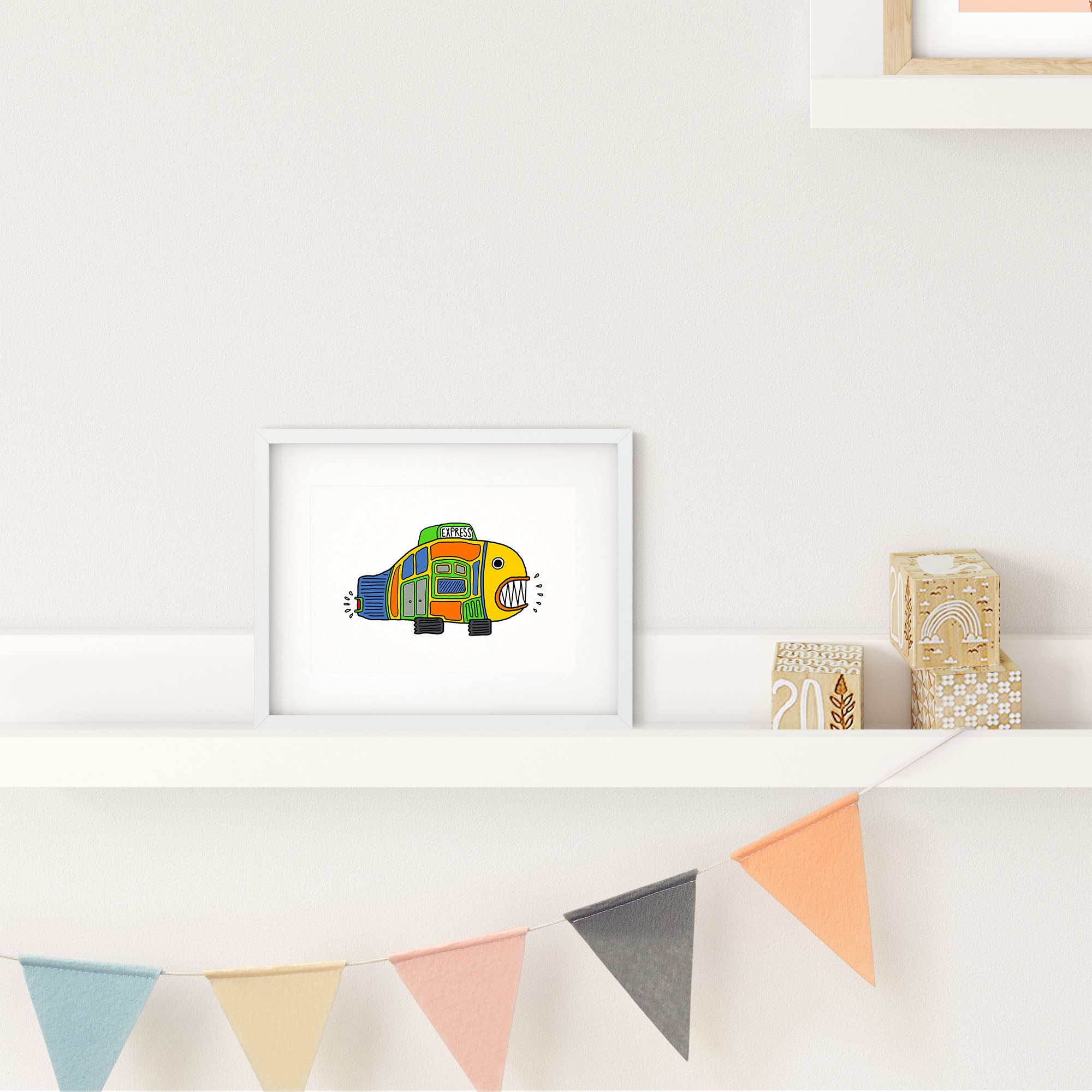 A colorful illustration of a fish designed as an express bus, showcasing playful art style.