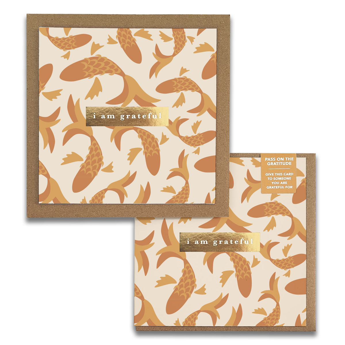 A set of Fish Gratitude Greeting Cards featuring elegant gold foil designs and rustic kraft envelopes, perfect for expressing appreciation.