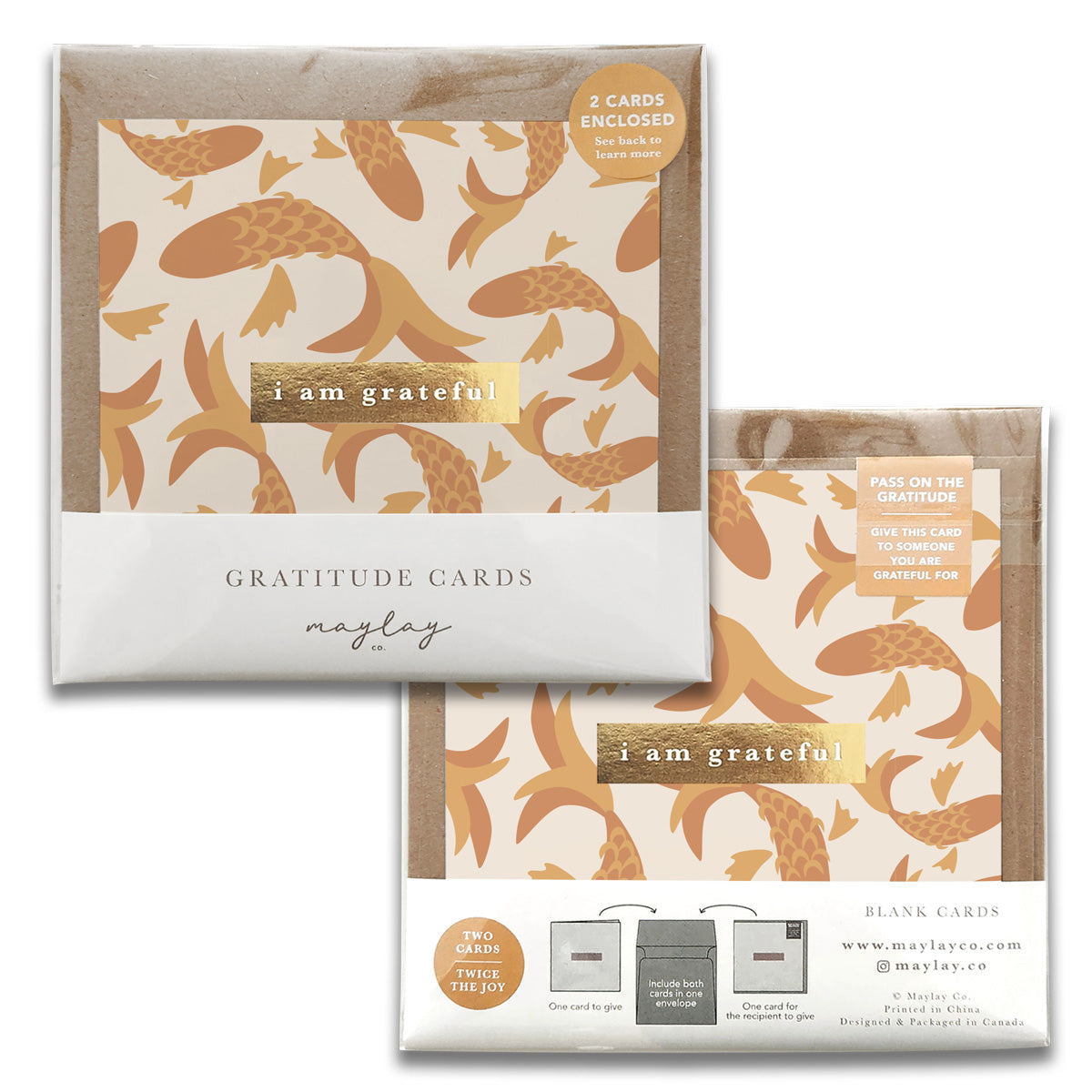 A set of Fish Gratitude Greeting Cards featuring elegant gold foil designs and rustic kraft envelopes, perfect for expressing appreciation.