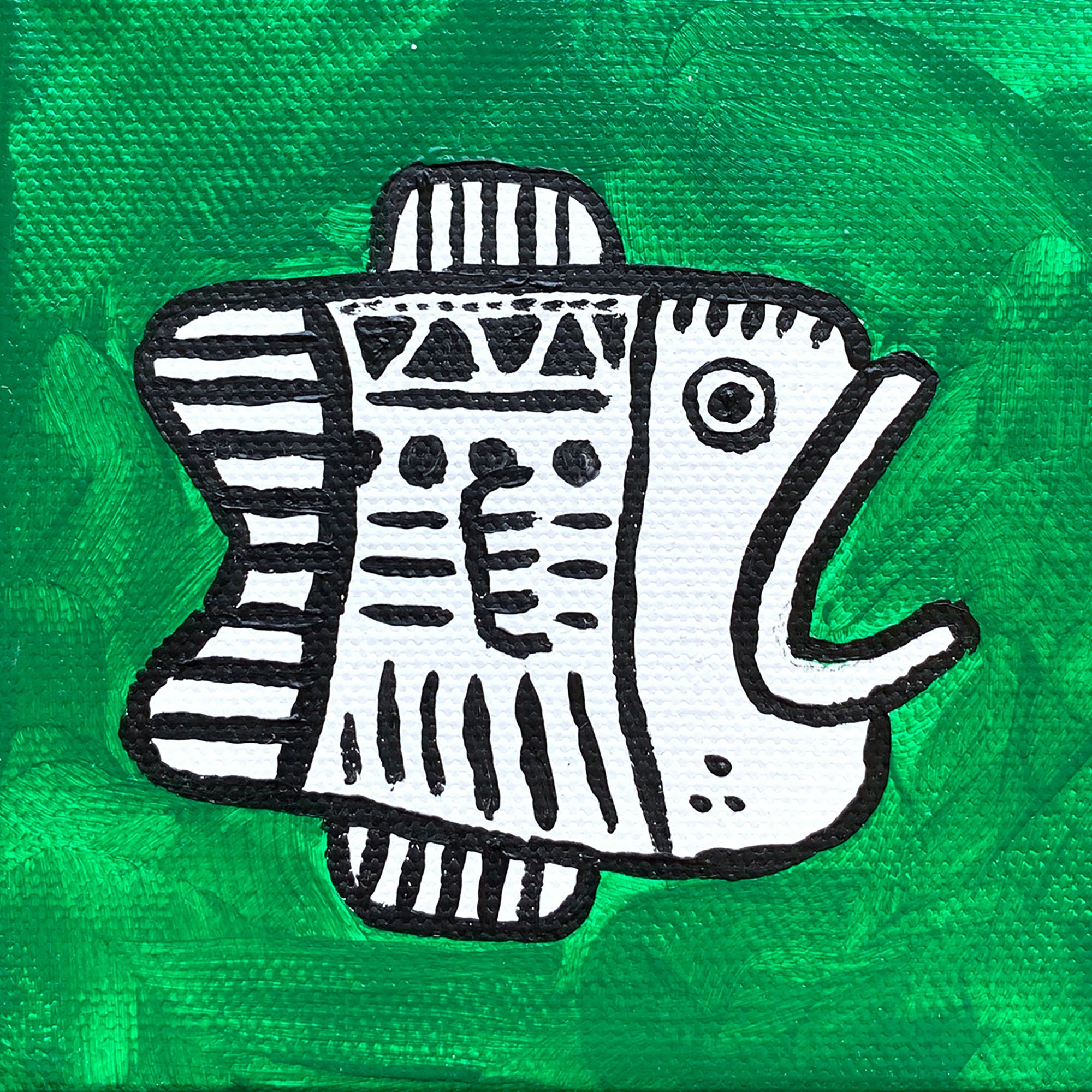 Original acrylic painting of a fish on a bright green background, measuring 4in x 4in.