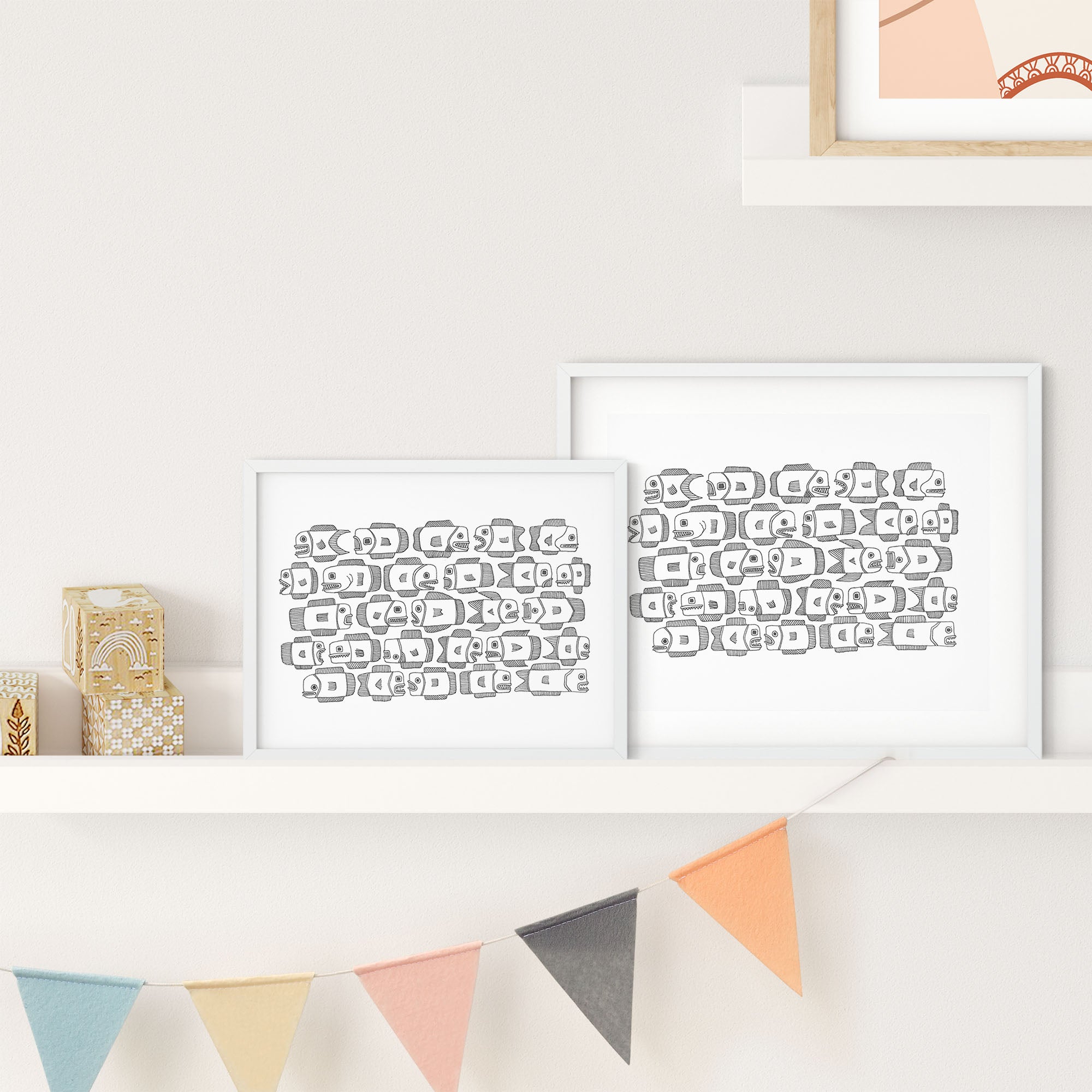 A colorful illustrated print of a school of fish, showcasing playful designs and intricate details.