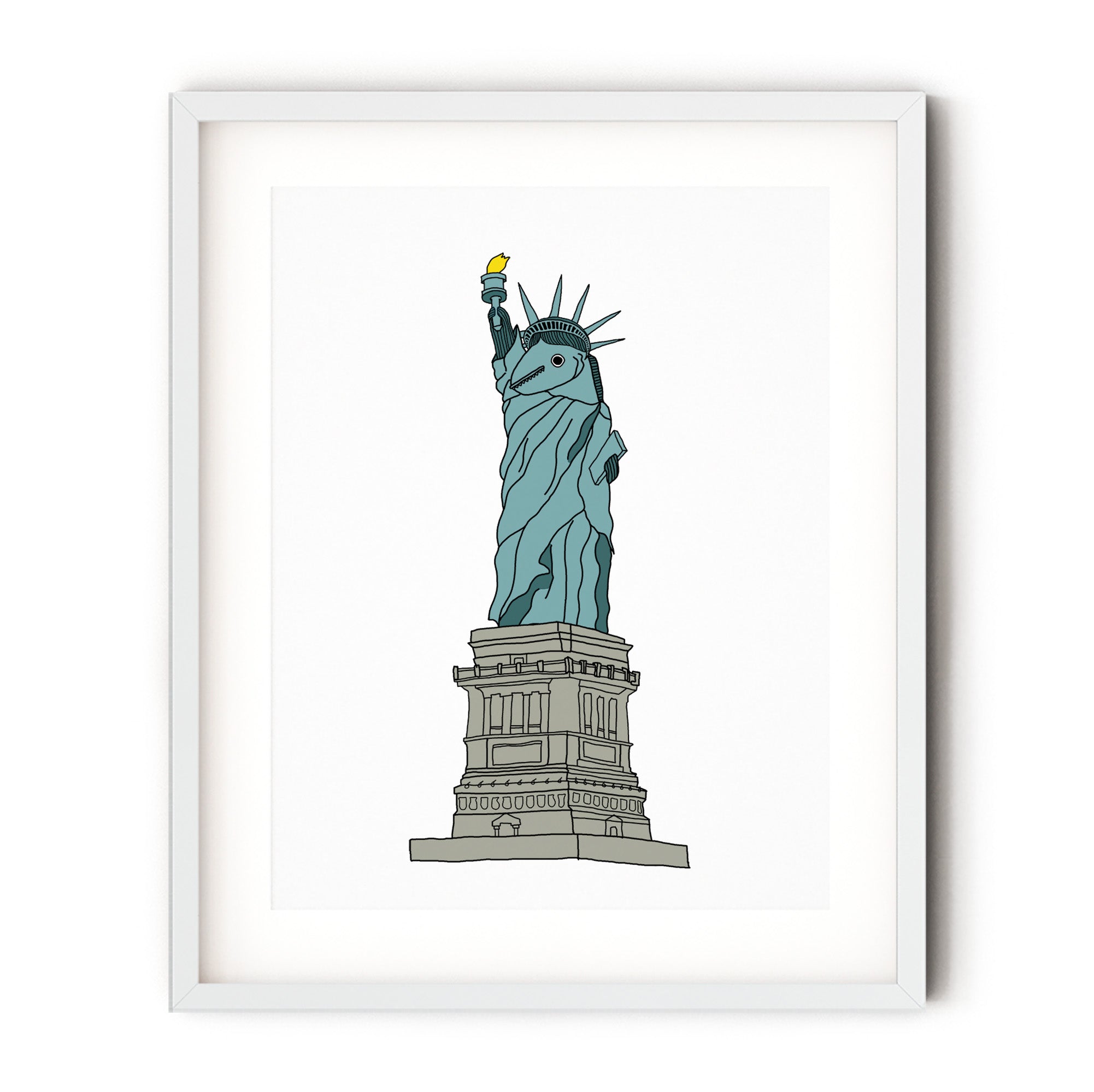 A whimsical illustration of the Statue of Liberty as a fish holding a torch, showcasing vibrant colors and playful design.