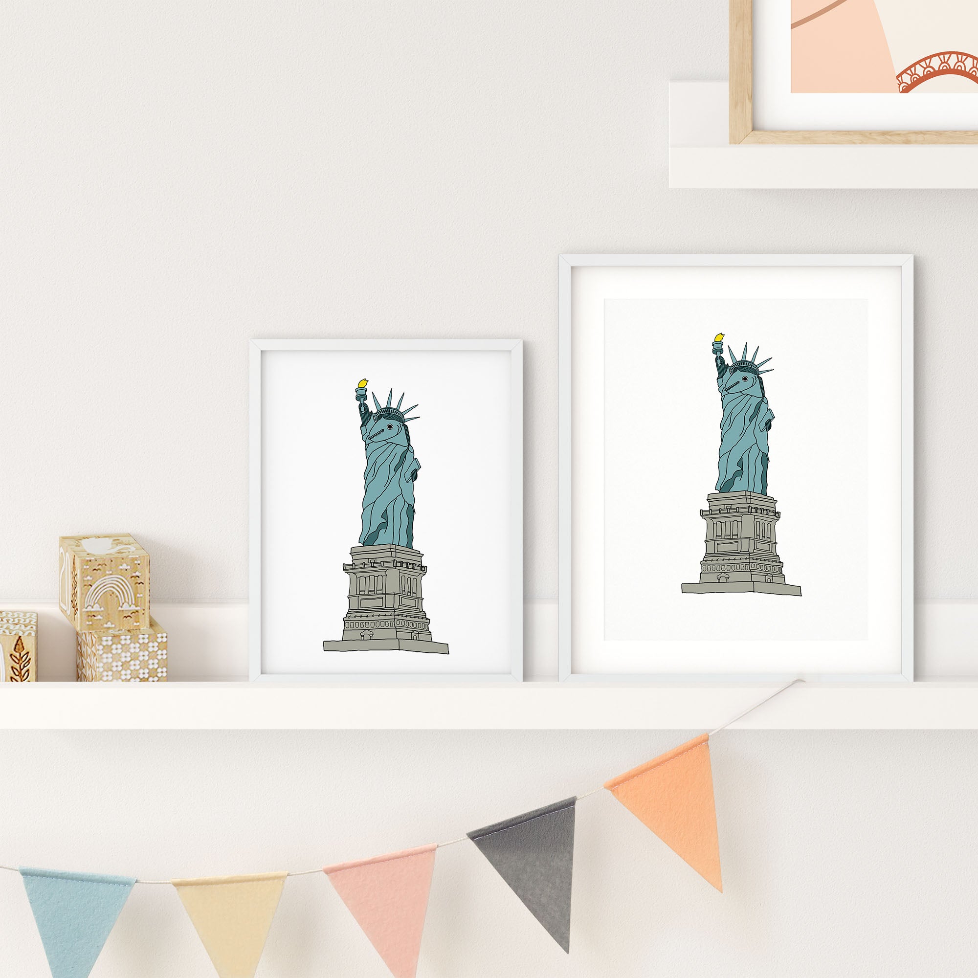 A whimsical illustration of the Statue of Liberty as a fish holding a torch, showcasing vibrant colors and playful design.