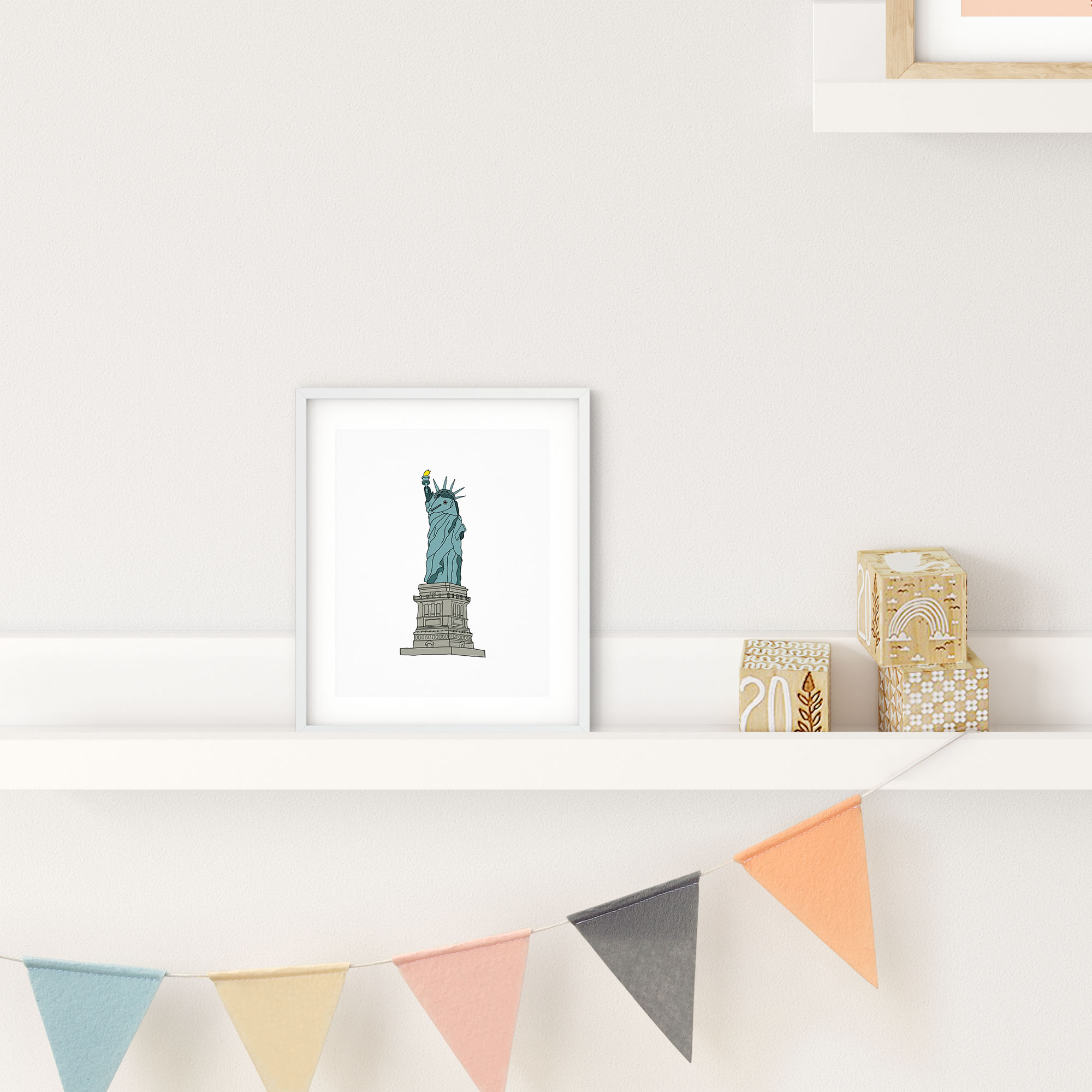 A whimsical illustration of the Statue of Liberty as a fish holding a torch, showcasing vibrant colors and playful design.