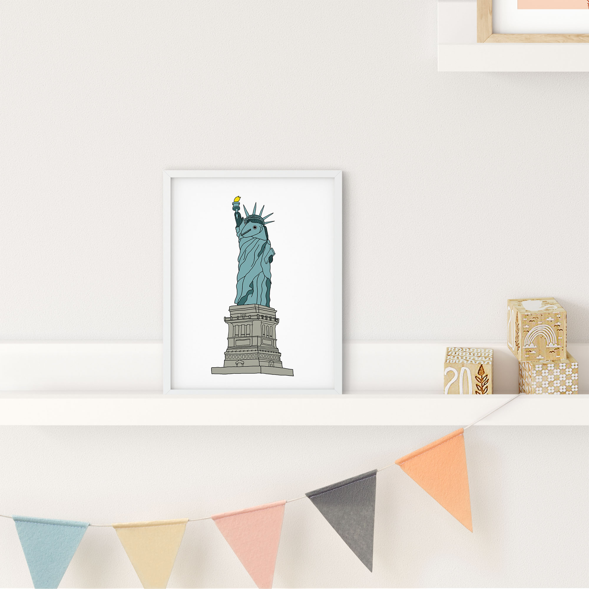 A whimsical illustration of the Statue of Liberty as a fish holding a torch, showcasing vibrant colors and playful design.