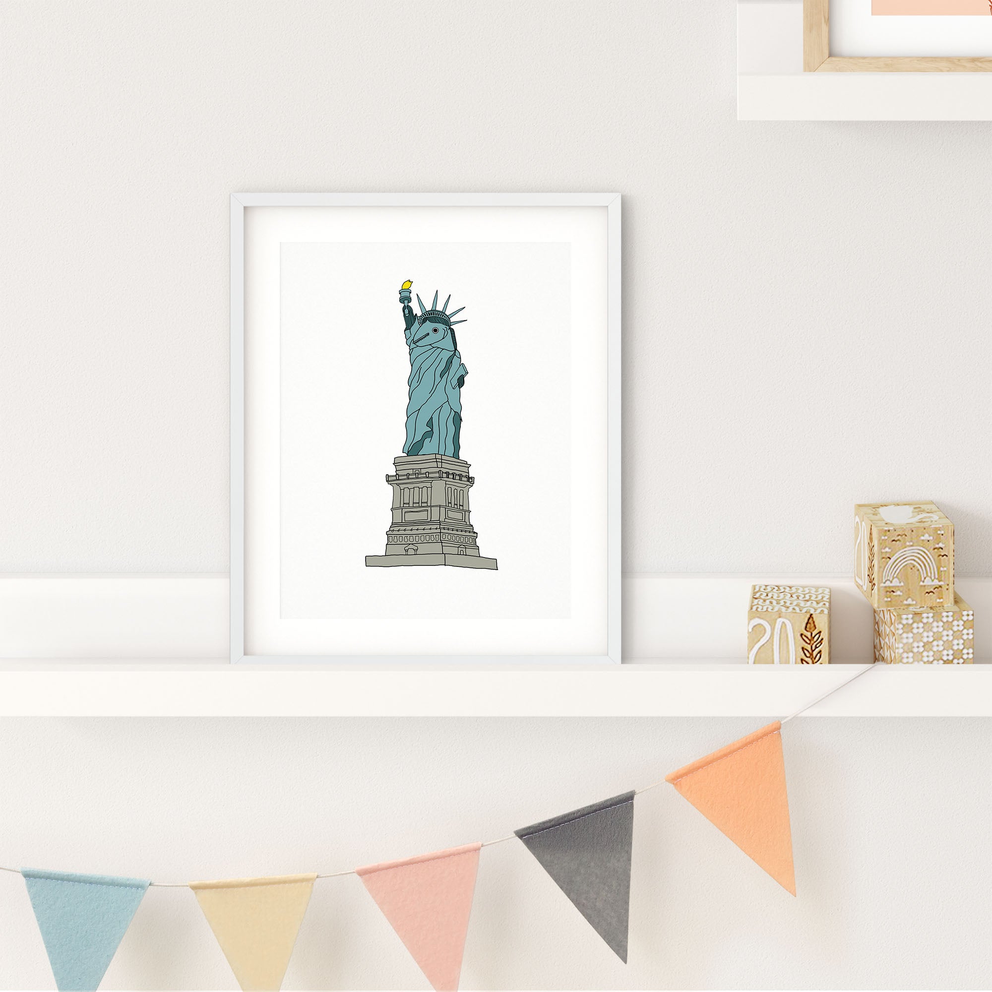 A whimsical illustration of the Statue of Liberty as a fish holding a torch, showcasing vibrant colors and playful design.