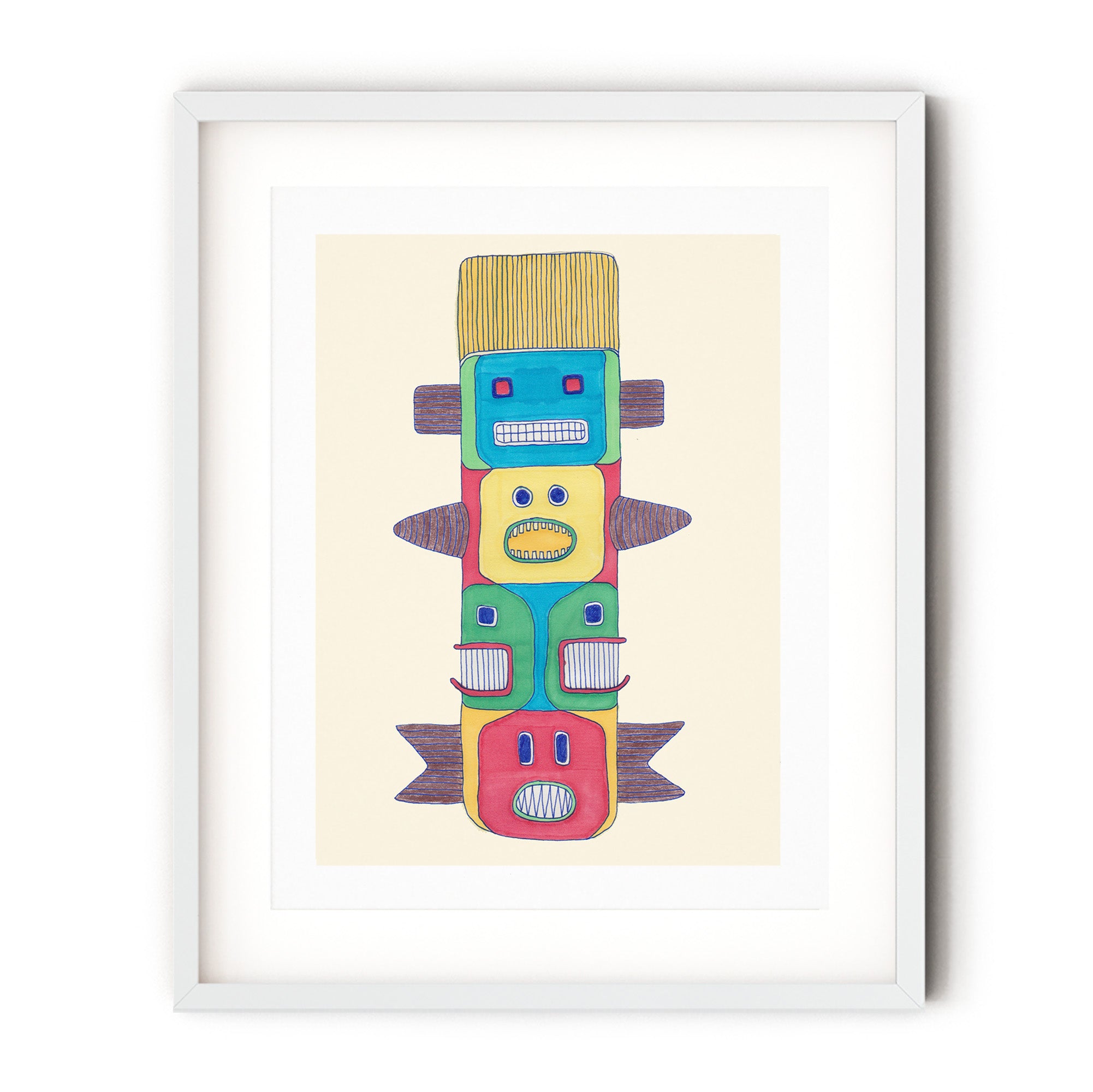 Fish Totem #2 print featuring colorful illustrated totem motifs, designed with ink and colored pencil.