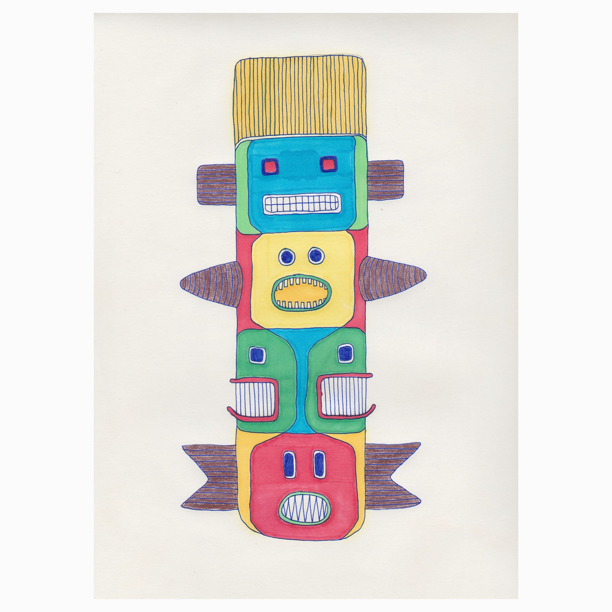 Fish Totem #2 original artwork featuring vibrant colors and intricate designs, measuring 12in x 9in.