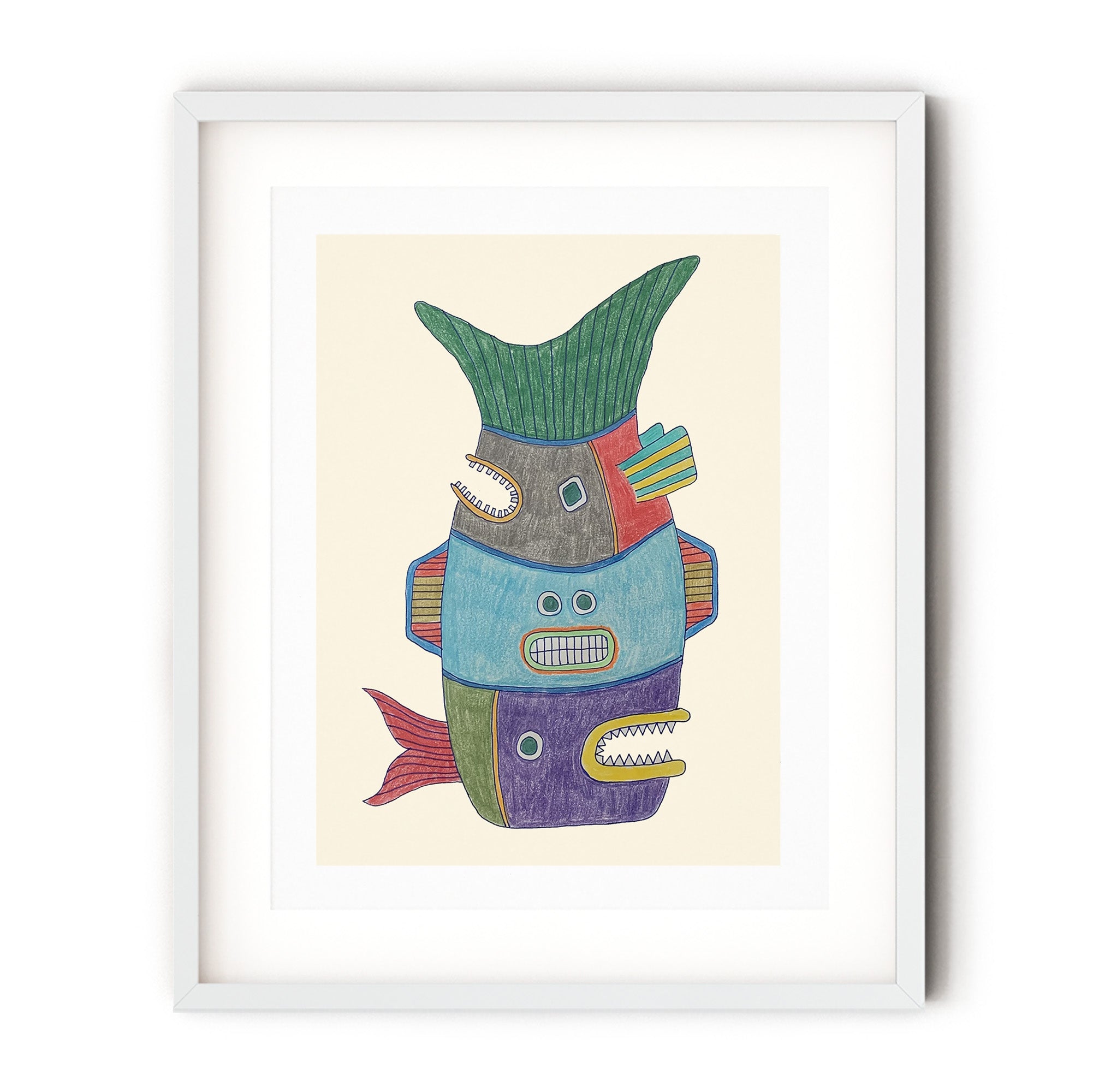 Fish Totem #3 print featuring colorful fish motifs in a playful design, ideal for home decor.