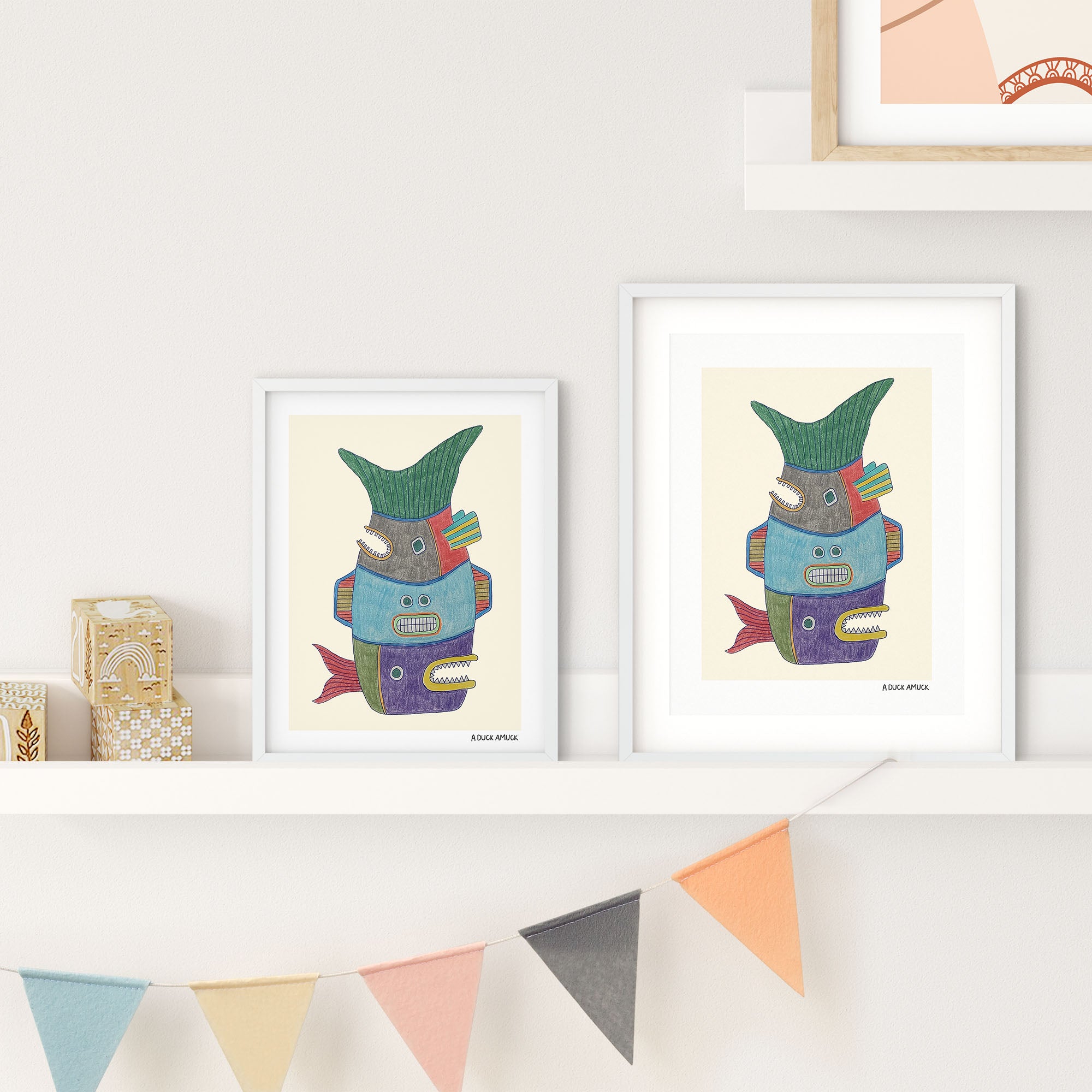 Fish Totem #3 print featuring colorful fish motifs in a playful design, ideal for home decor.