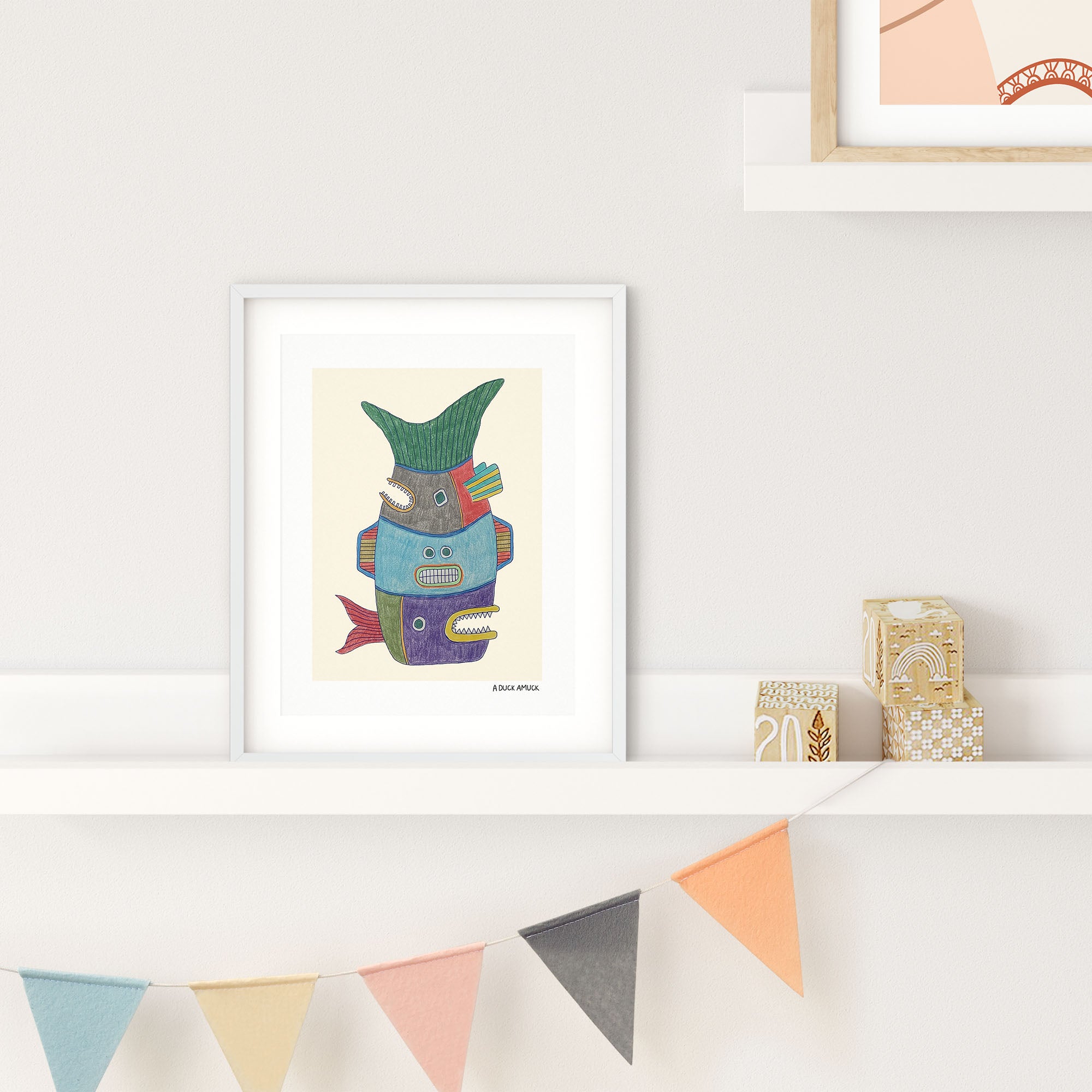 Fish Totem #3 print featuring colorful fish motifs in a playful design, ideal for home decor.