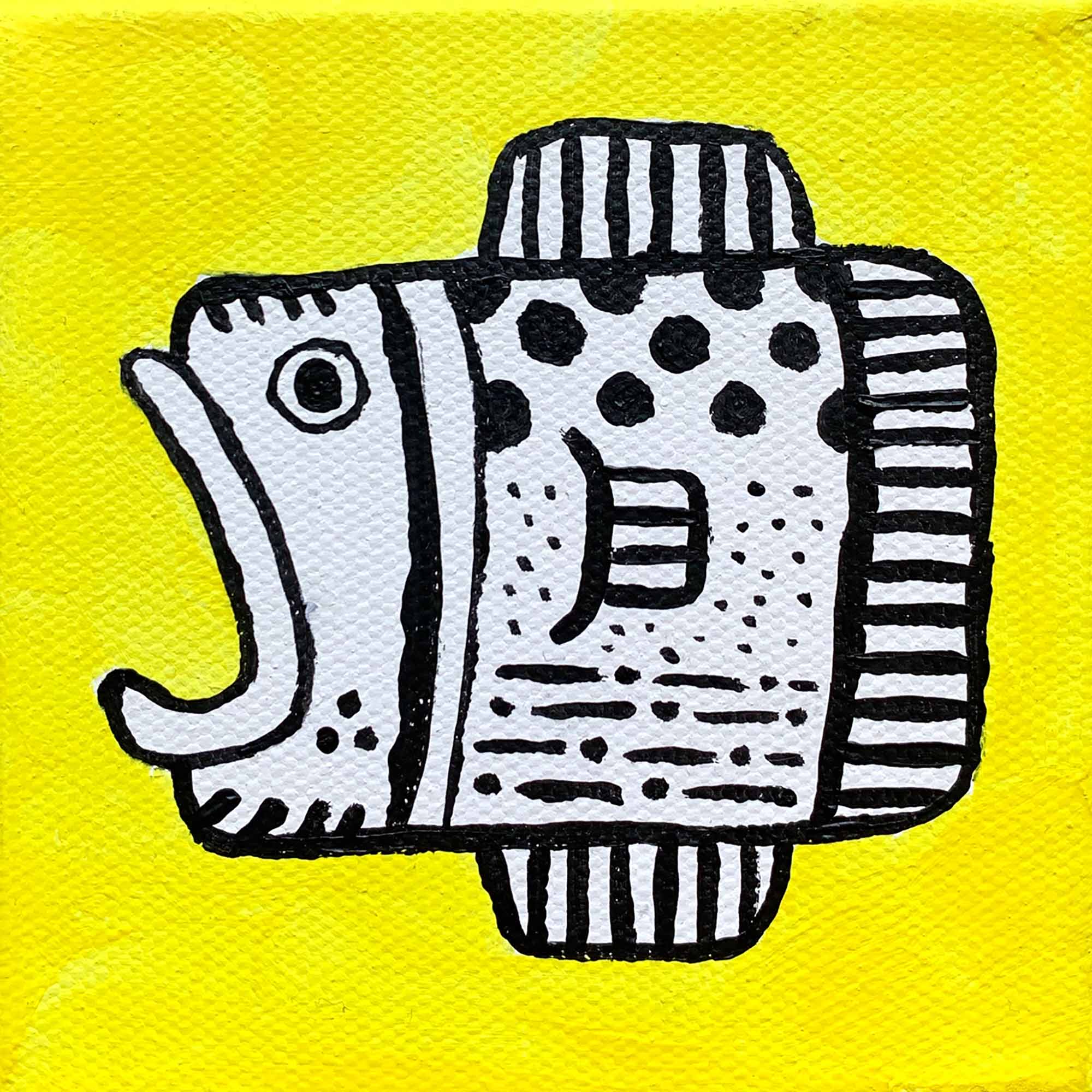 Original acrylic painting of a fish on a bright yellow background, measuring 4in x 4in.