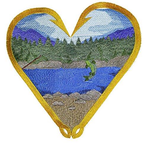 Fishing Heart Fighting Fish embroidered patch, 8 inches by 7.7 inches, showcasing vibrant colors and intricate design.