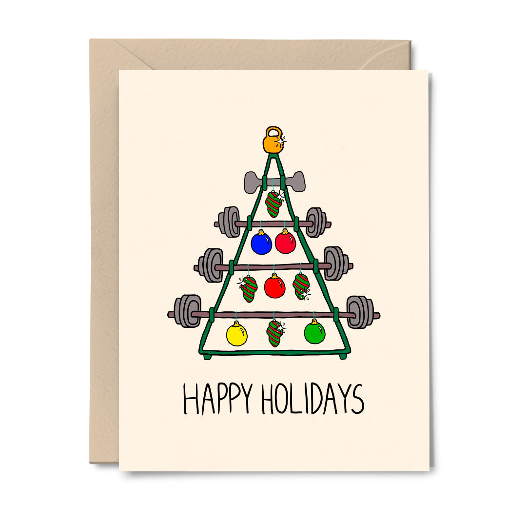 Fitmas Tree greeting card featuring barbells and weights arranged like a Christmas tree with 'Happy Holidays' text.