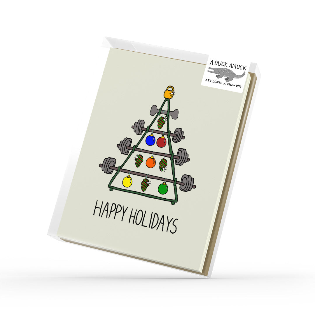 Fitmas Tree greeting card featuring barbells and weights arranged like a Christmas tree with 'Happy Holidays' text.