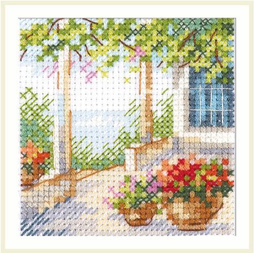 Flower Patio 0-201 Counted Cross-Stitch Kit featuring white aida fabric, colorful threads, and an embroidery needle.