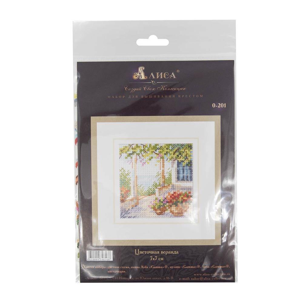 Flower Patio 0-201 Counted Cross-Stitch Kit featuring white aida fabric, colorful threads, and an embroidery needle.