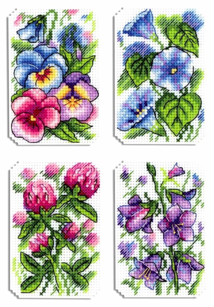 Flower Symphony P-491 / SR-491 Plastic Canvas Counted Cross Stitch Kit with threads, canvas, and instructions for DIY fridge magnets.