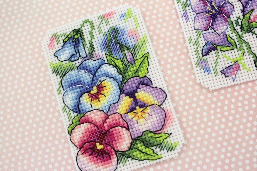 Flower Symphony P-491 / SR-491 Plastic Canvas Counted Cross Stitch Kit with threads, canvas, and instructions for DIY fridge magnets.