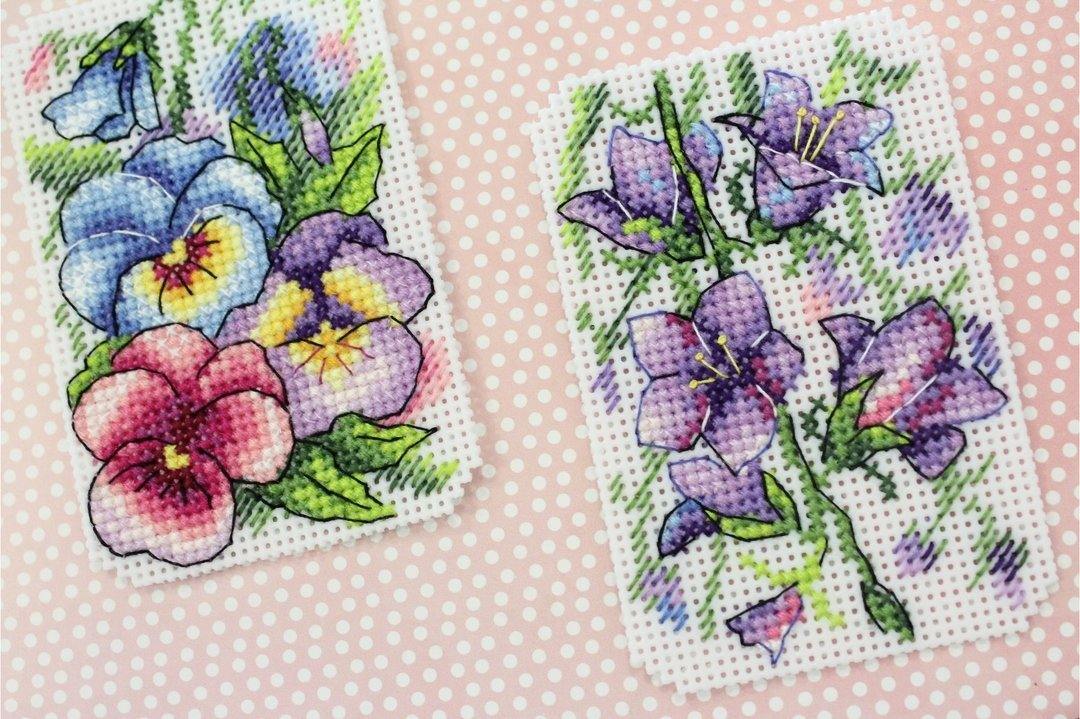 Flower Symphony P-491 / SR-491 Plastic Canvas Counted Cross Stitch Kit with threads, canvas, and instructions for DIY fridge magnets.