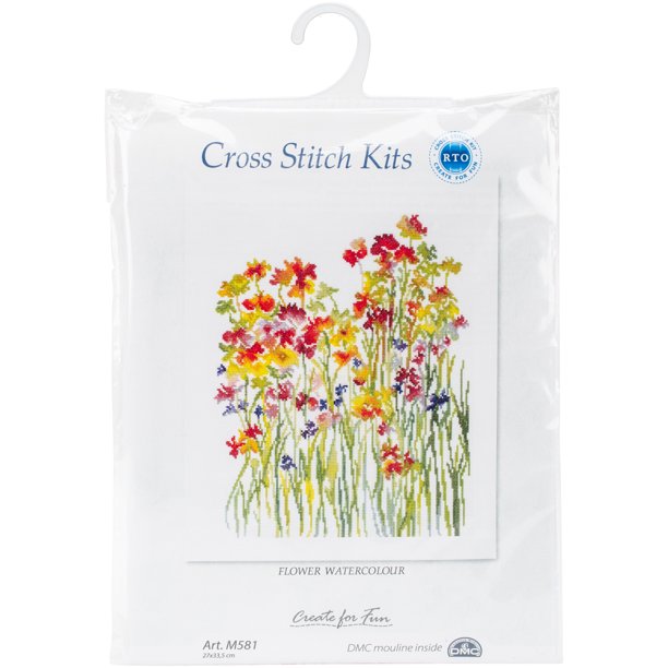 Flower Watercolour M581 Counted Cross Stitch Kit with vibrant threads and Aida fabric.