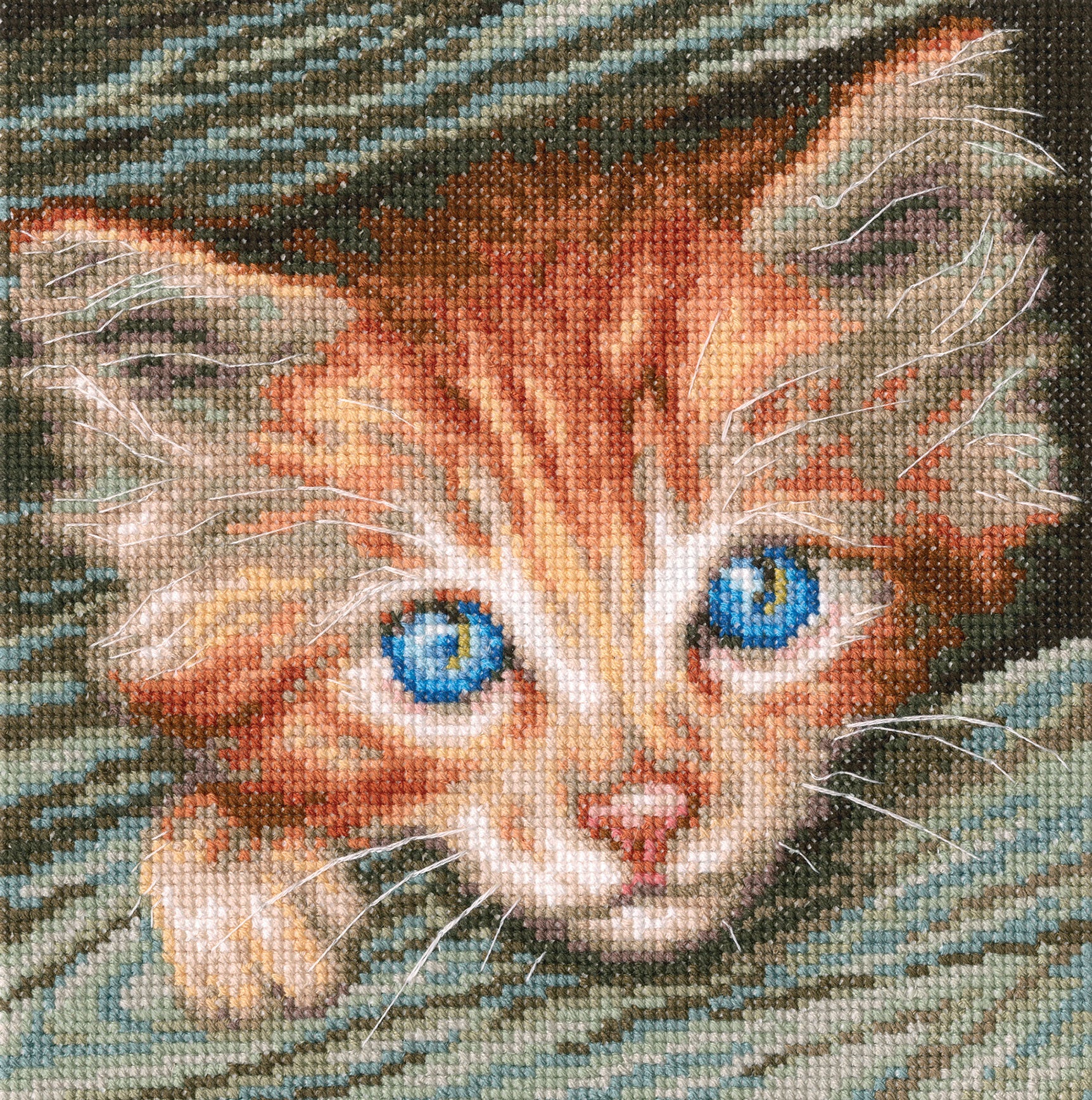 Fluffy Observer M710 Counted Cross Stitch Kit with white Aida fabric, colorful DMC threads, and included needle and instructions.