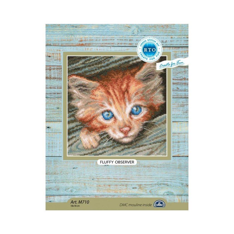 Fluffy Observer M710 Counted Cross Stitch Kit with white Aida fabric, colorful DMC threads, and included needle and instructions.