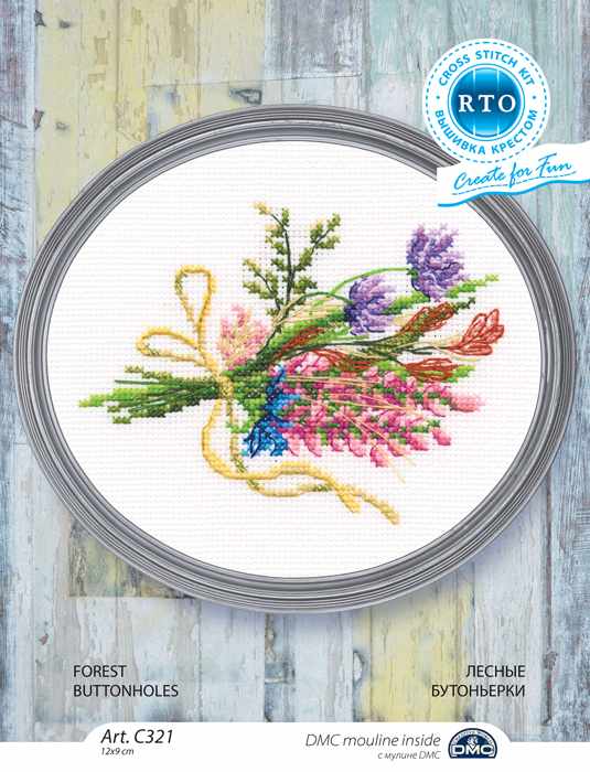 Forest buttonholes C321 Counted Cross Stitch Kit with Aida canvas, DMC threads, and instructions for creating beautiful buttonhole designs.