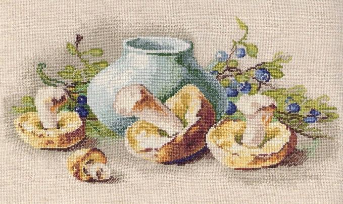 Forest Gifts 483 Counted Cross Stitch Kit featuring white mushrooms and blueberries on linen canvas.