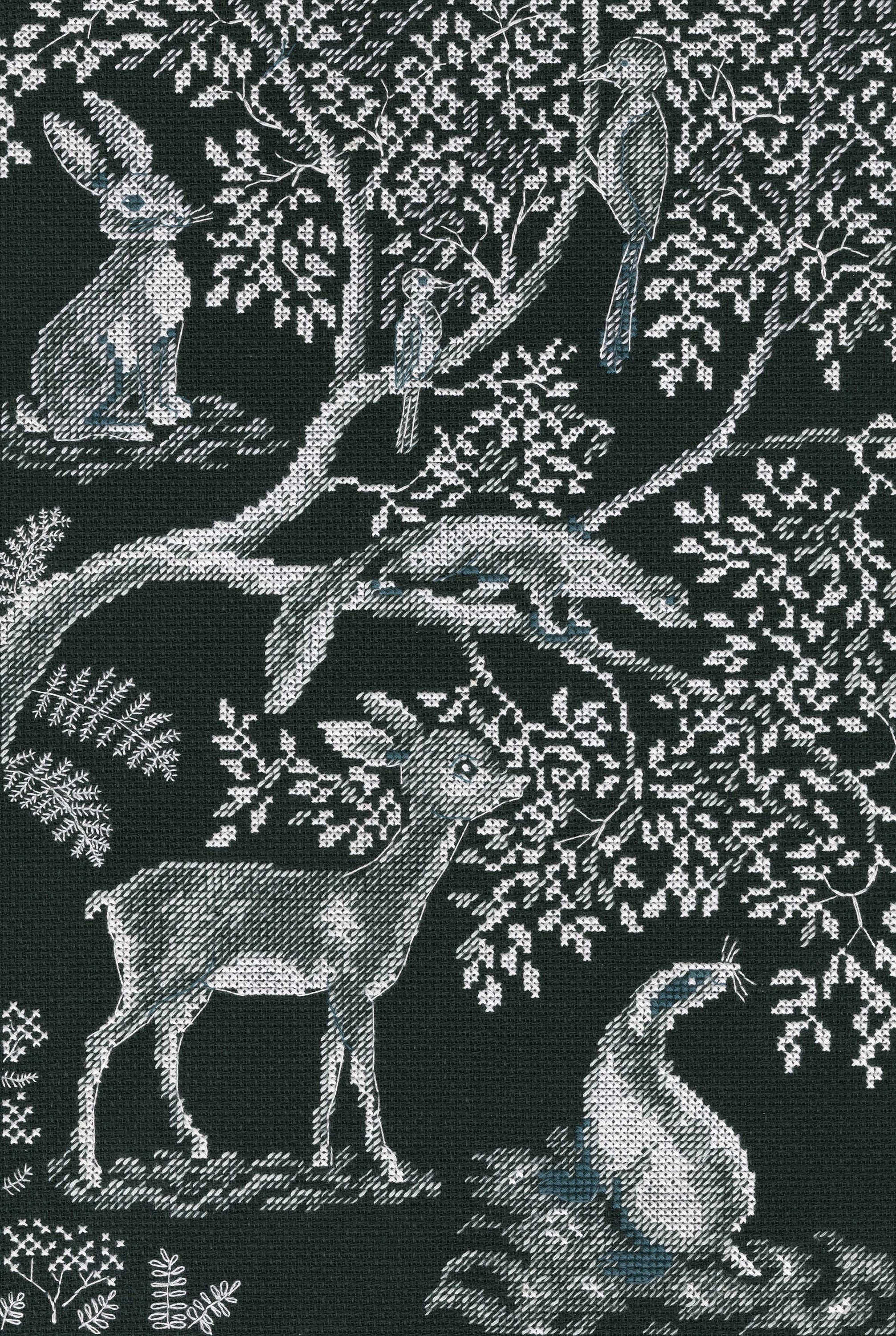 Forest laces M613 Counted Cross Stitch Kit featuring black Aida fabric, DMC threads, and included needle and chart.